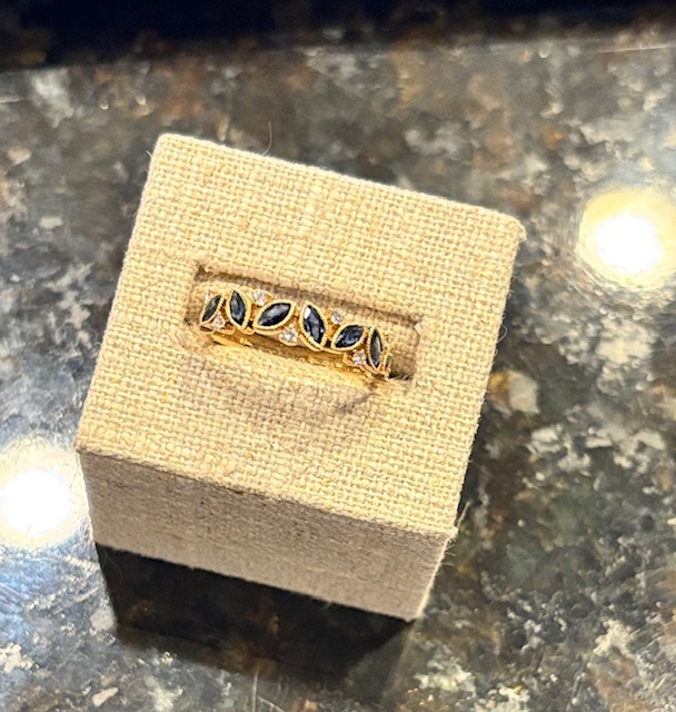 Dancin! Marquise Sapphire & Diamond Band in 14K Yellow Gold, Size 6.5. 9MQ=.80CTTW, 8D=.11CTTW F/VS