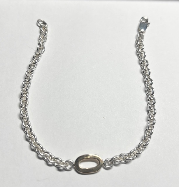 Open 14K Yellow Gold Central Link on Sterling Silver Cable Chain Bracelet, 7 Length