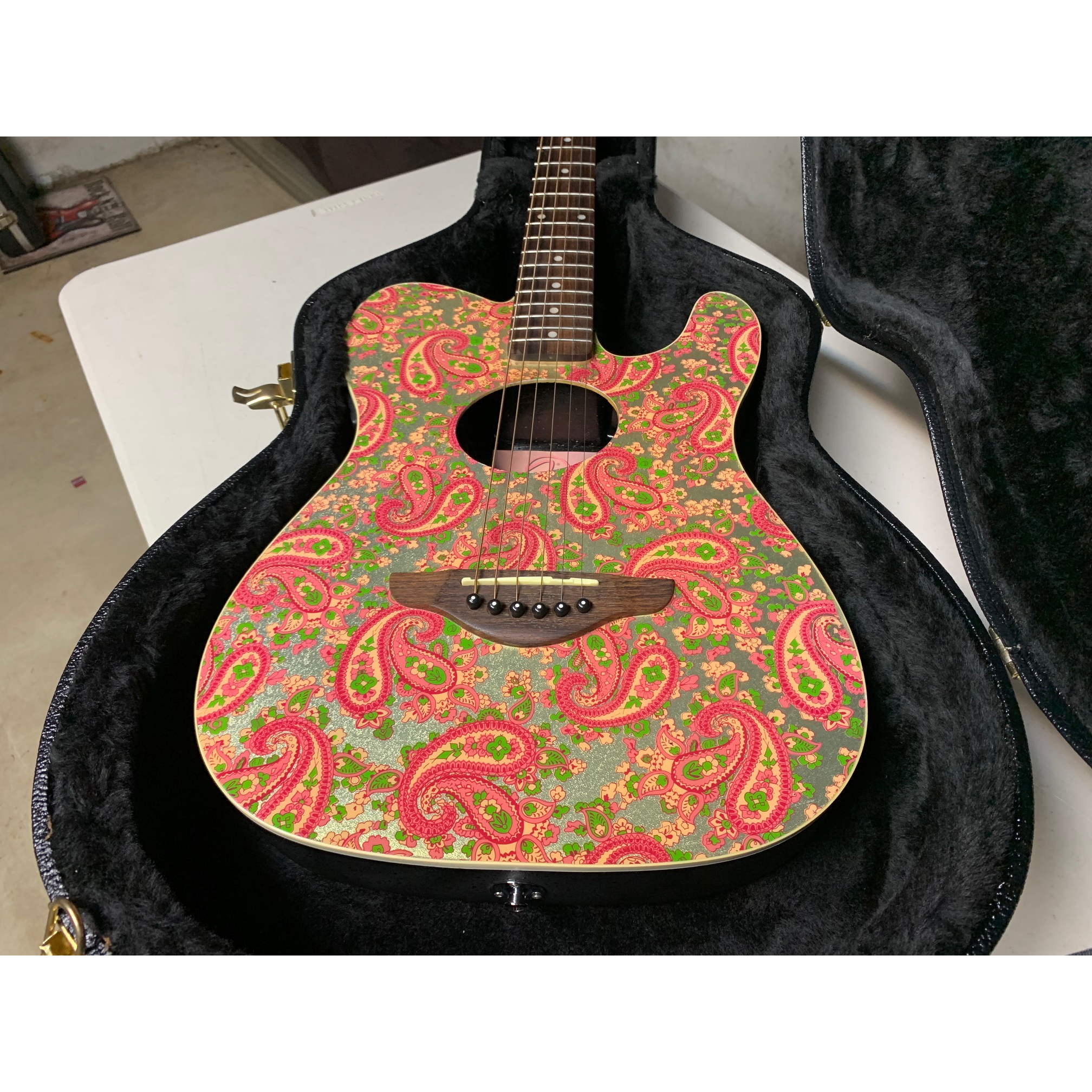 Pink Fender Telecoustic Paisley Acoustic Electric Guitar With Case