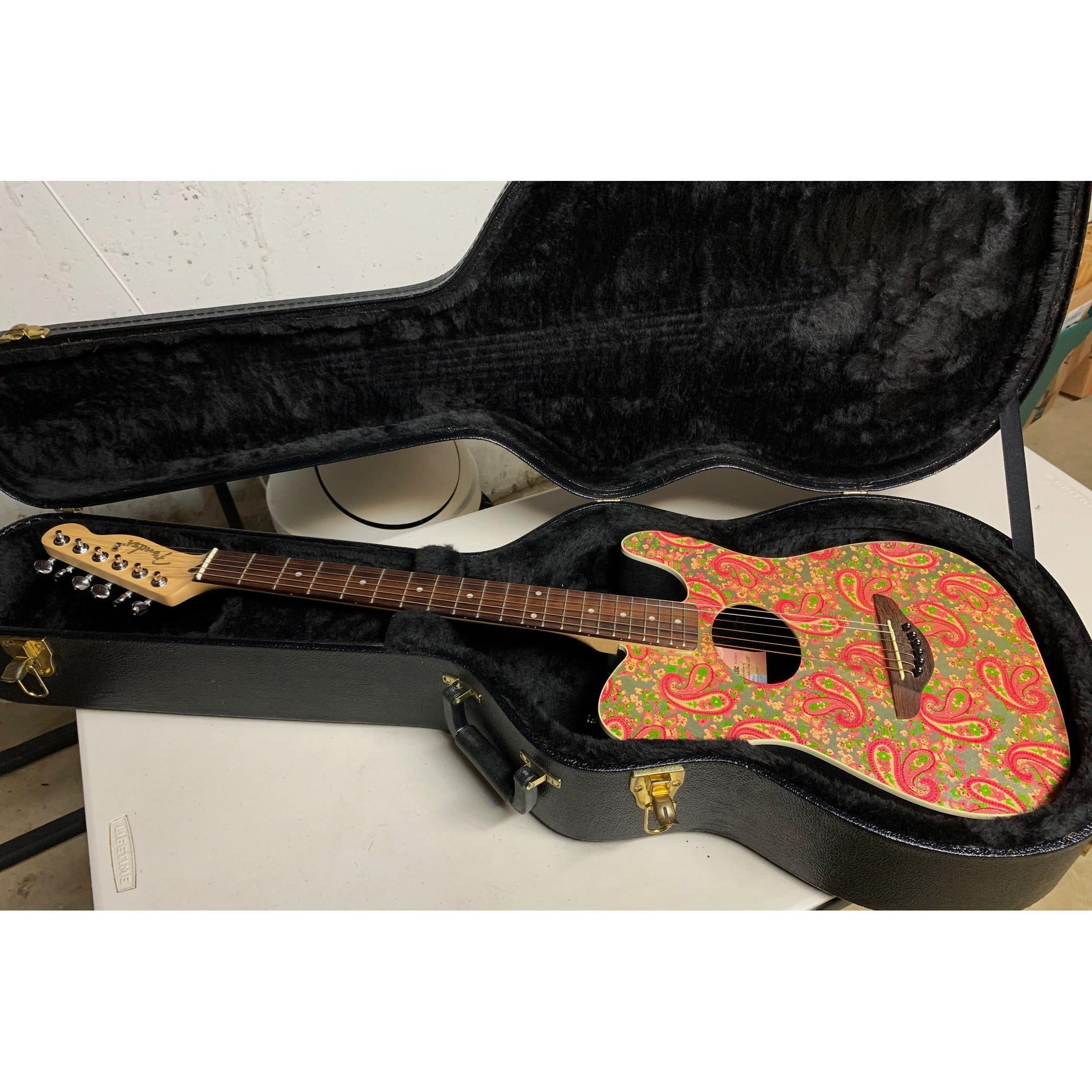 Pink Fender Telecoustic Paisley Acoustic Electric Guitar With Case