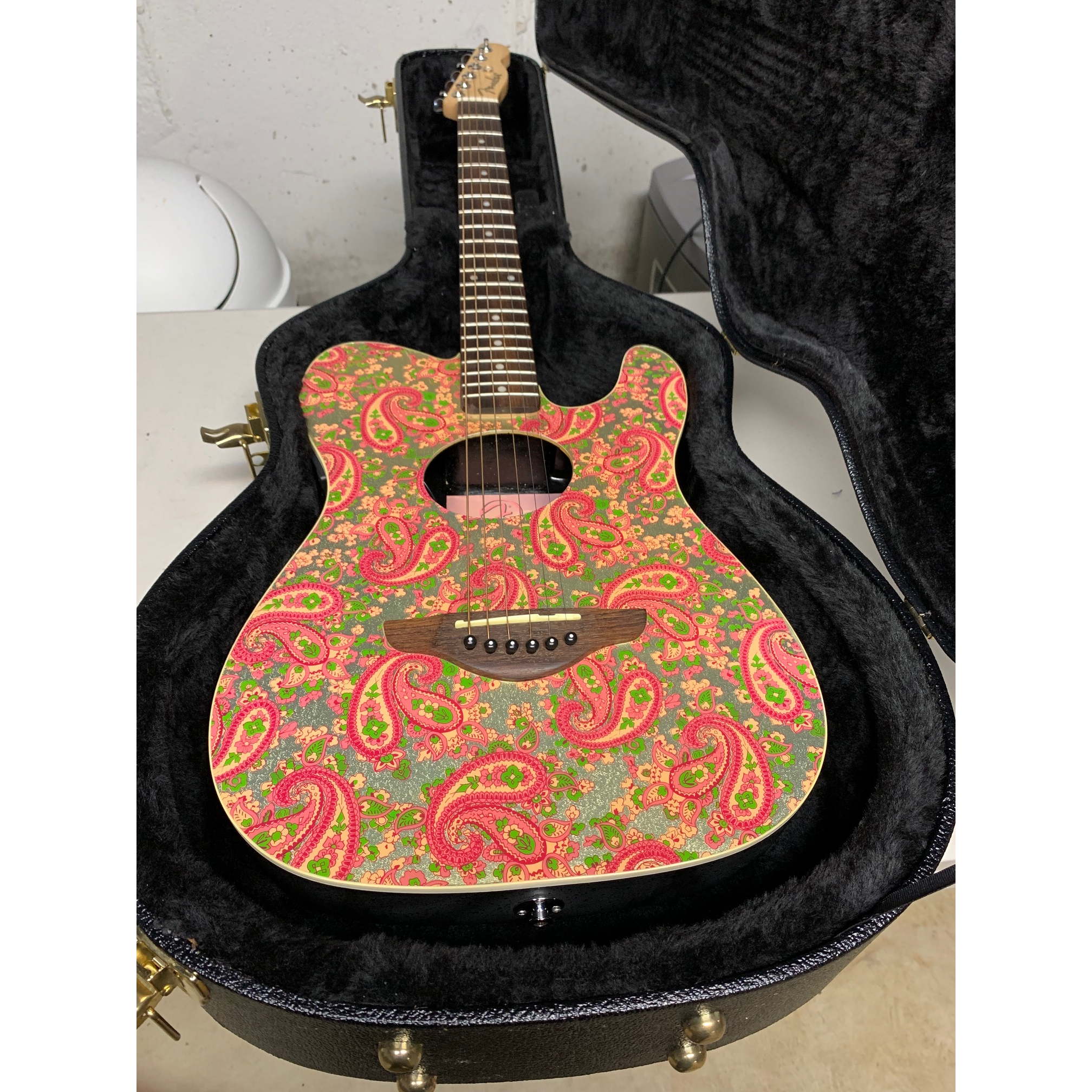 Pink Fender Telecoustic Paisley Acoustic Electric Guitar With Case