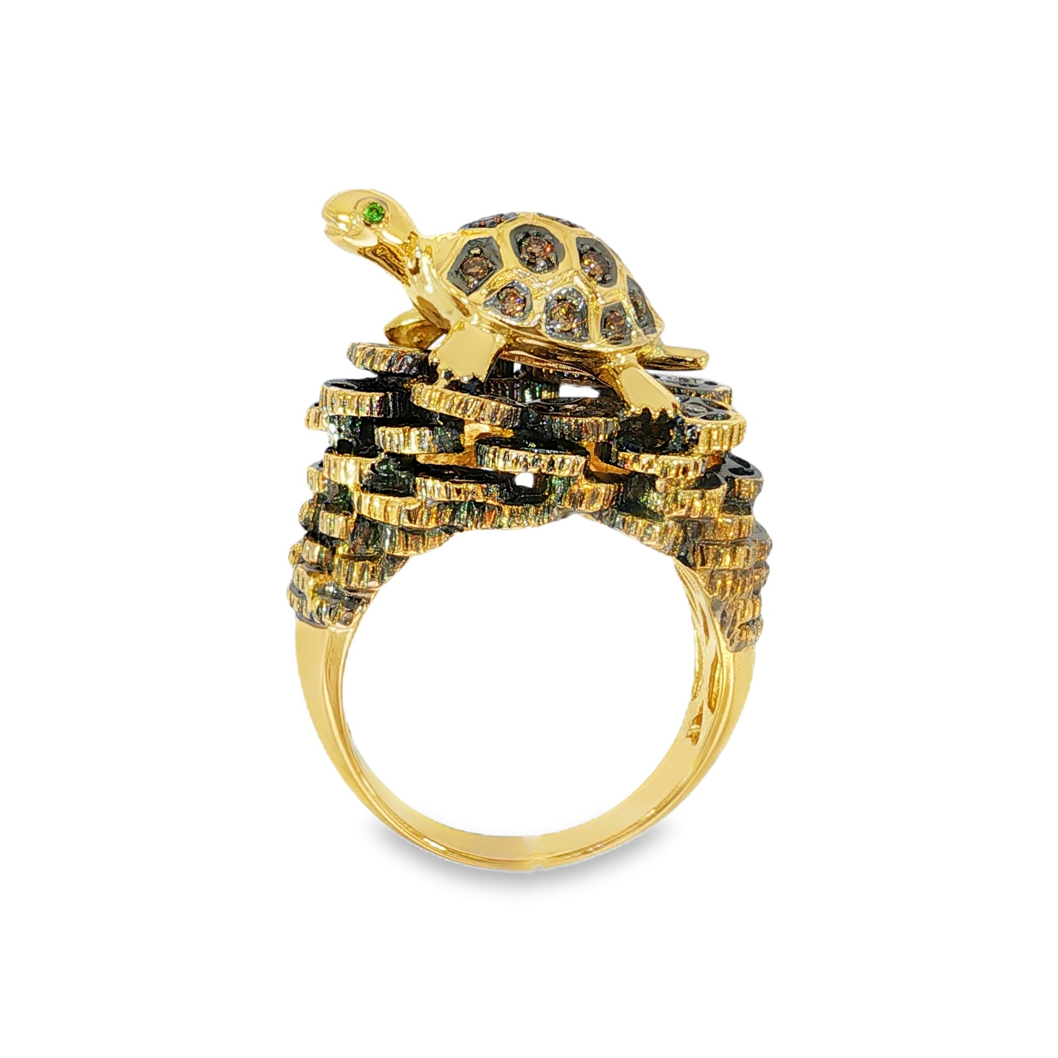14K YG DIA 0.07tcw BRDIA 0.10tcw Tsavorites Sea Turtle on Corral Reef