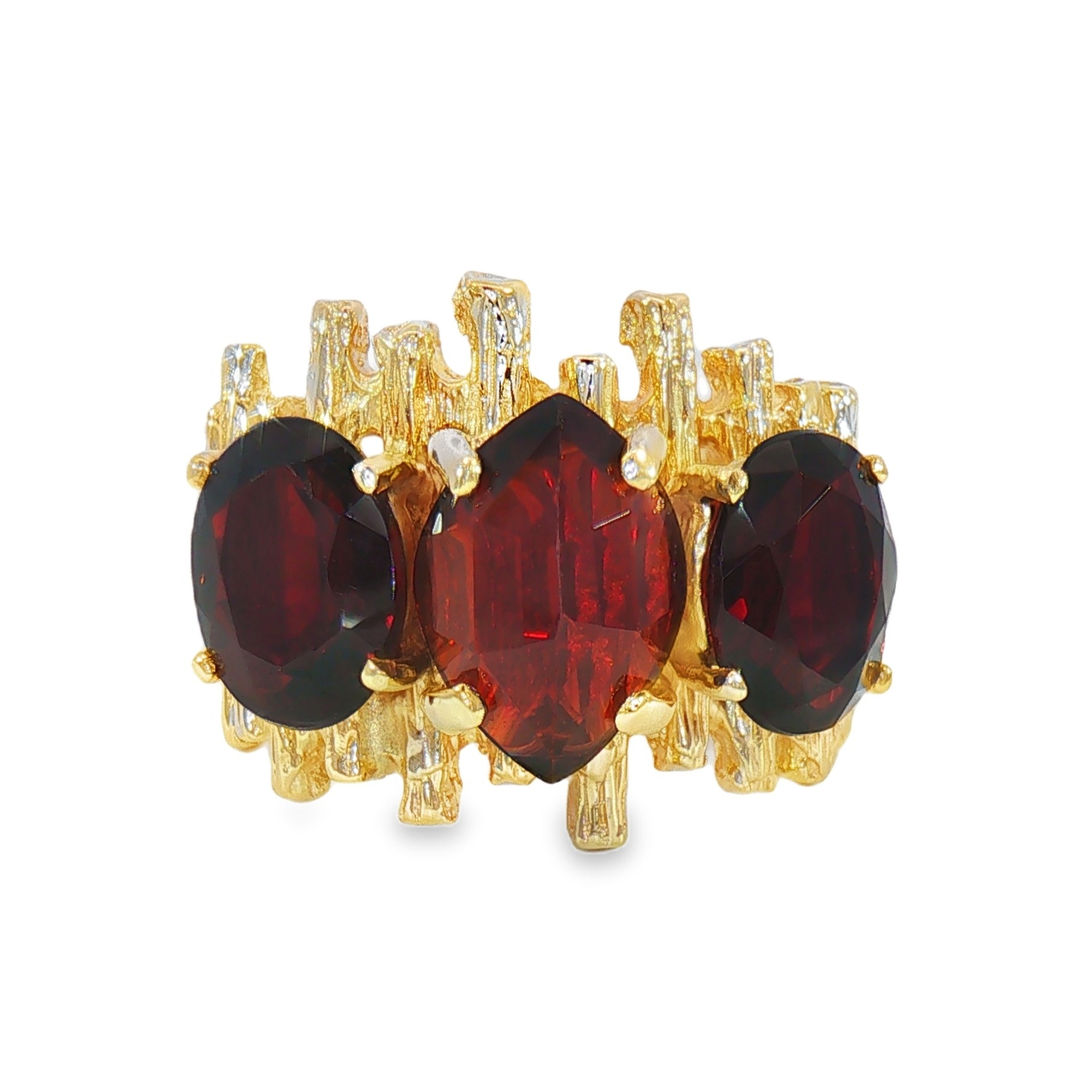 14K YG GAR 4.02tcw 3-Stone Marquis and Ovals Vintage