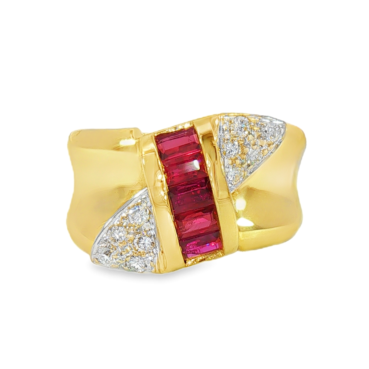 18K YG RUB 1.26tcw DIA 0.25 Bow with Bagt.'s and Pave Vintage