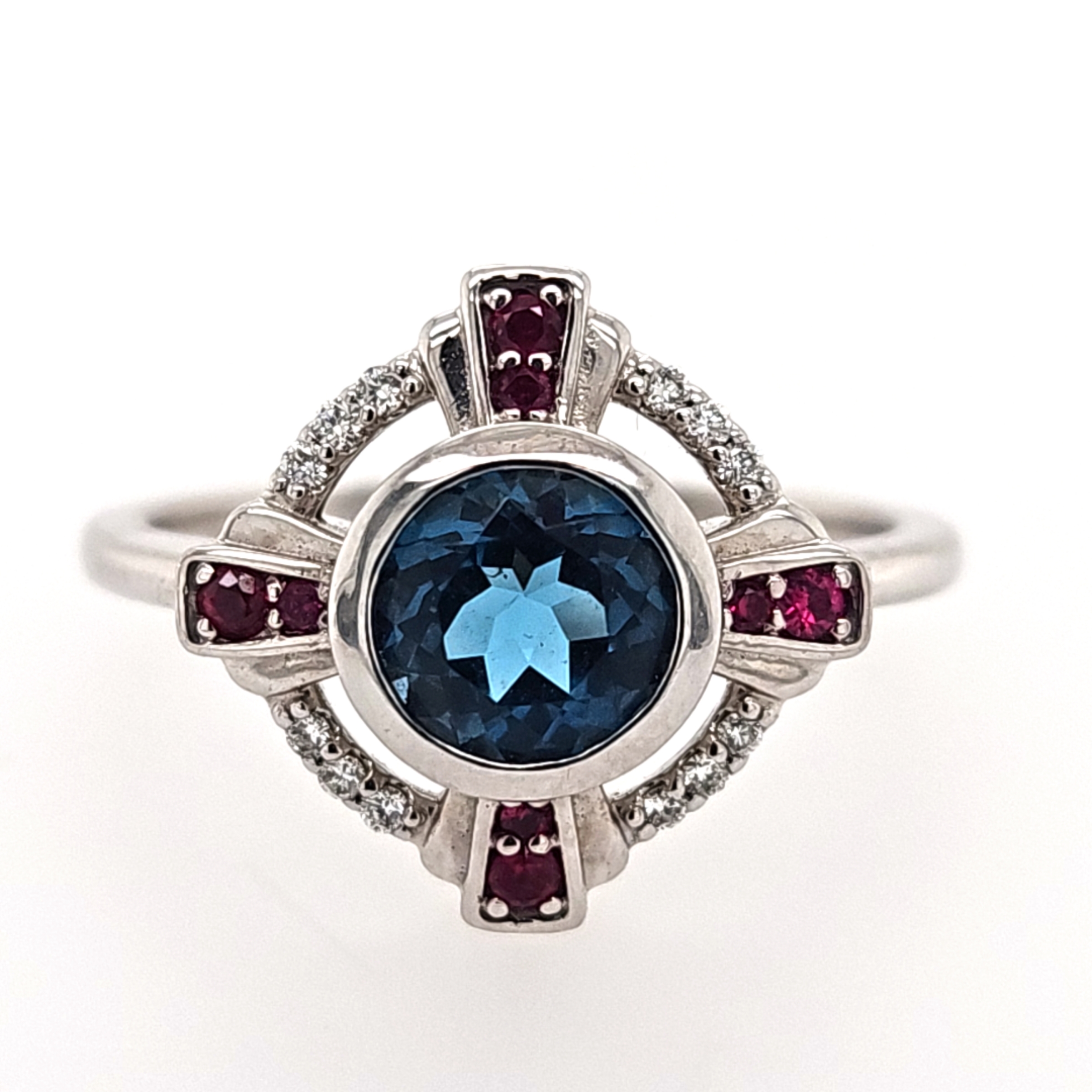 14K White Round Blue Topaz & Garnet Vintage Ring