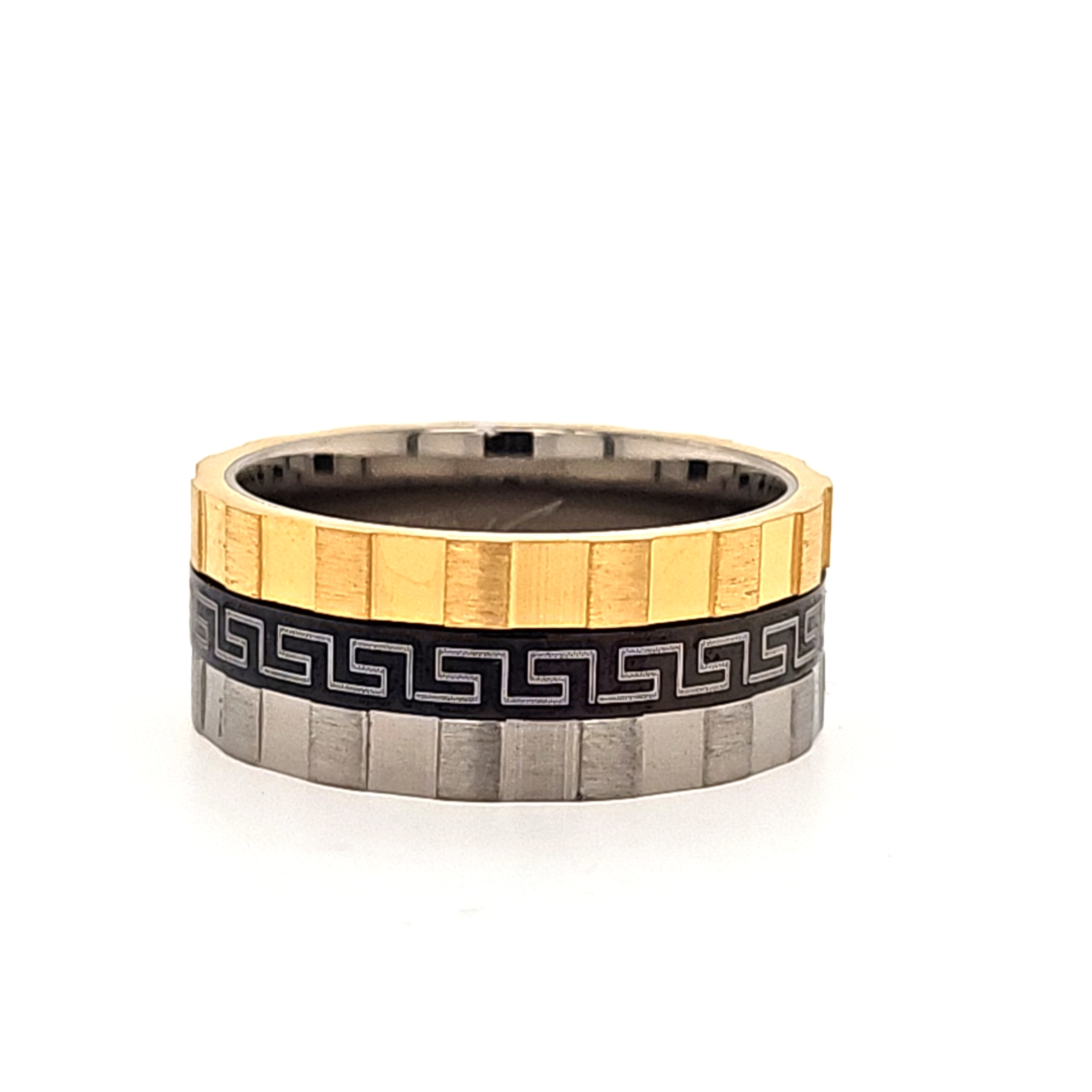 Titanium 9mm Tri-Colored Greek Key Spinner Ring