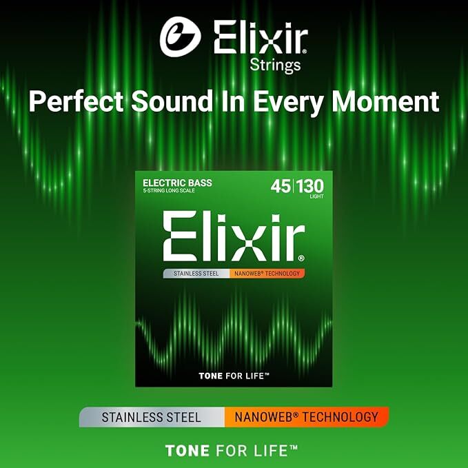 Elixir Strings, Electric Bass Guitar Strings, Stainless Steel with NANOWEB Technology, 5-String Set, Long Scale, Light 45-130
