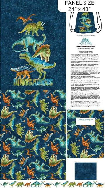 Dino Roar Navy Canvas Bag Panel from Northcott - 28469-48 Size: 24in x 43in