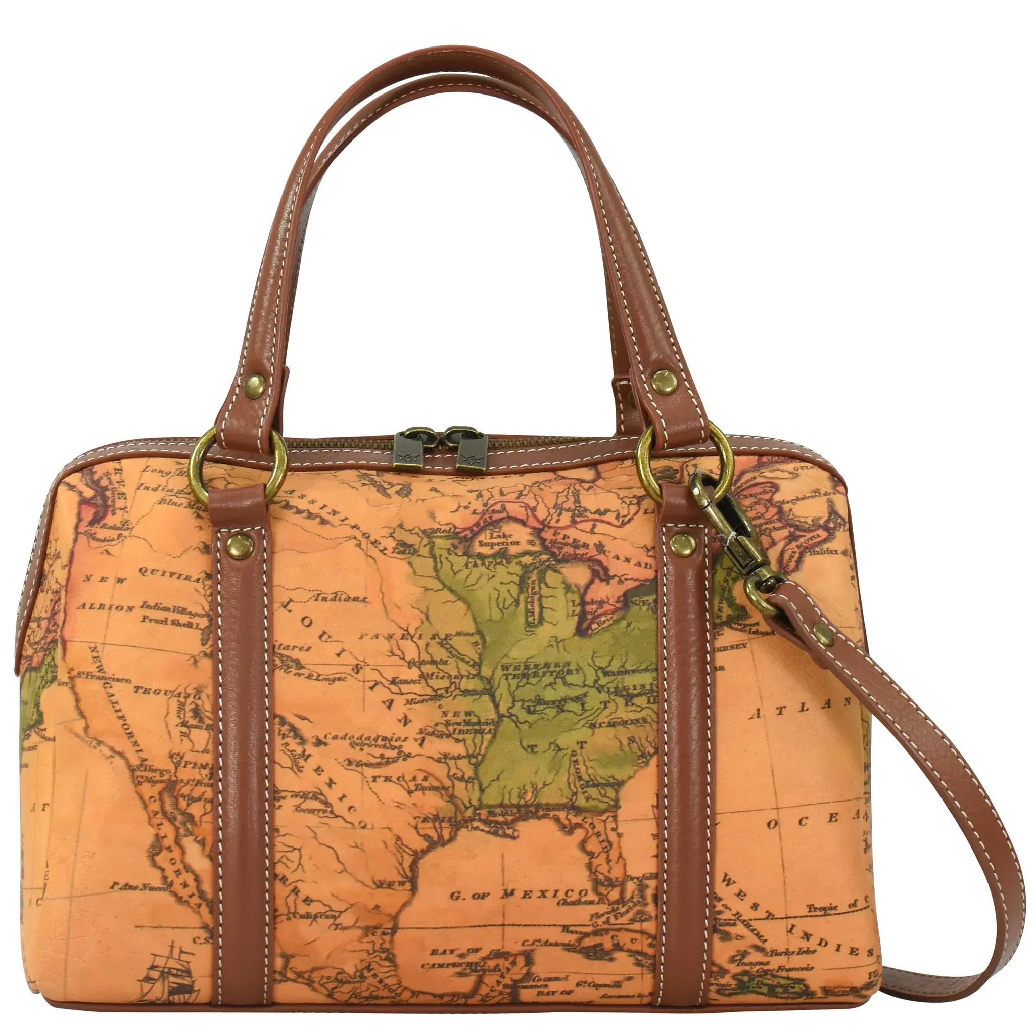 Anna by Anuschka #8535 Heritage Leather Large Convertible Satchel - USA Map Tan