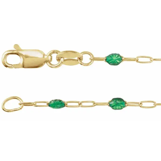 14K Yellow Gold-Filled 1.6 mm Green Enamel Bead Paperclip-Style 7 Chain