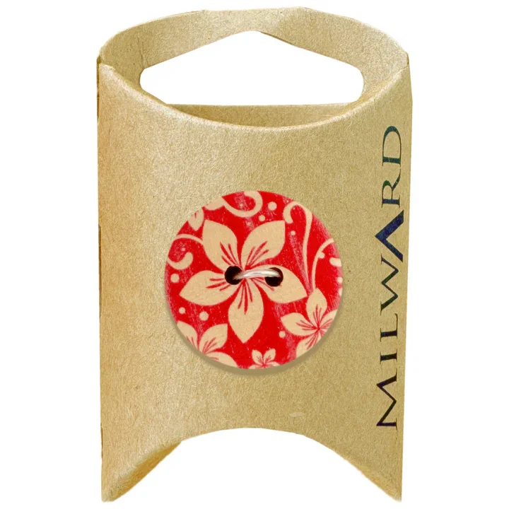 Red White Wooden 2-Hole Flower Printed Button