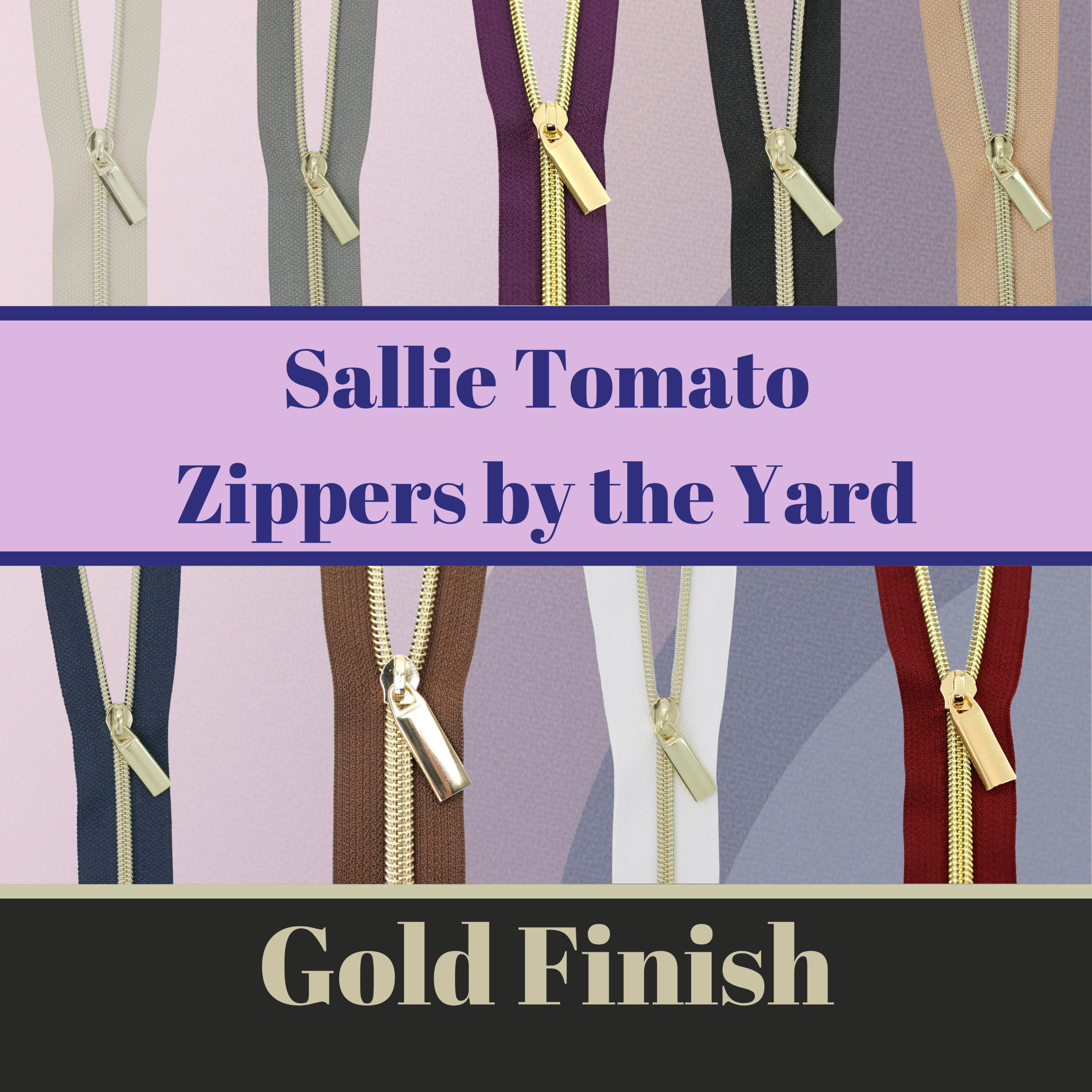 Sallie Tomato - #5 Nylon Coil Zippers: 3 Yards With 9 Pulls - Gold - Various Colors