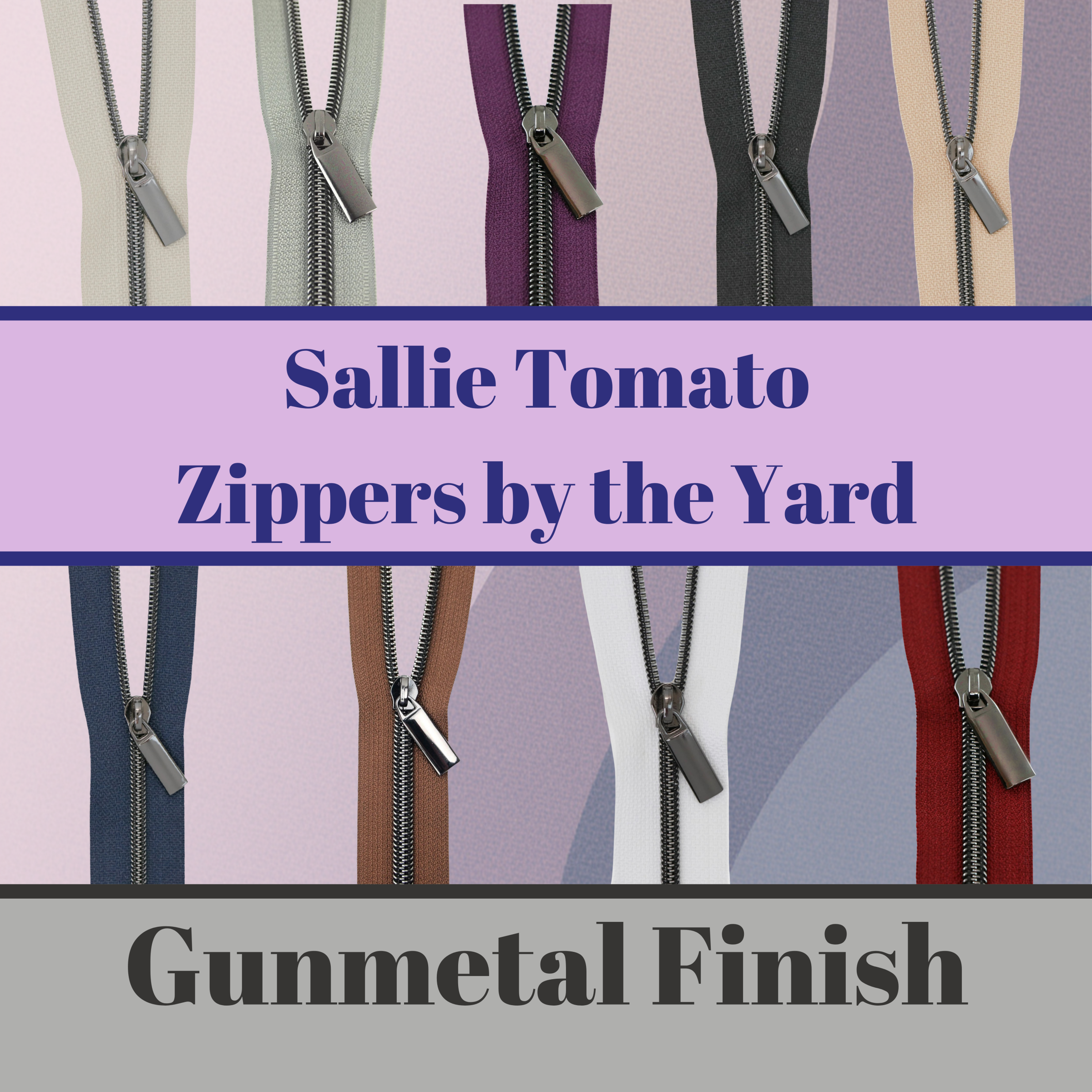Sallie Tomato - #5 Nylon Coil Zippers: 3 Yards With 9 Pulls - Gunmetal - Various Colors