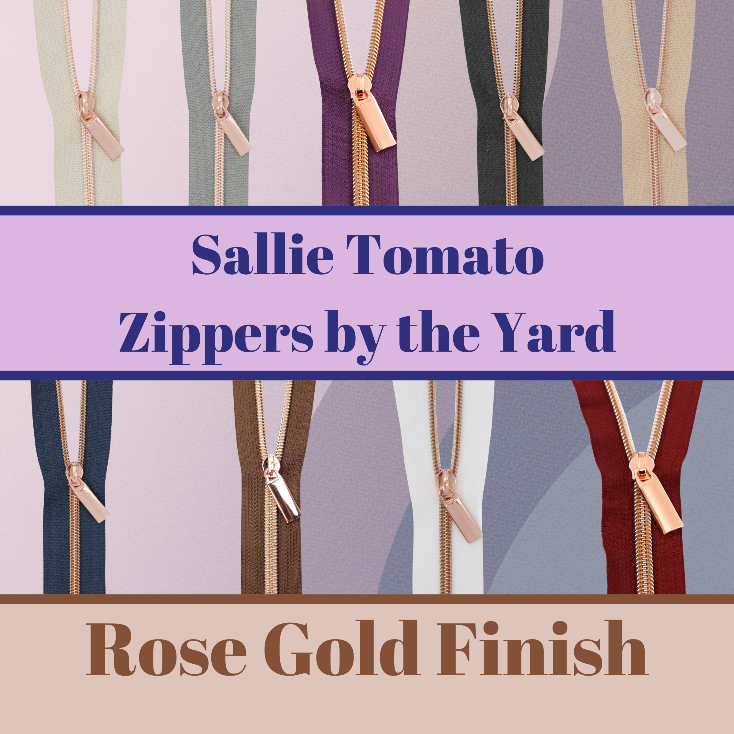 Sallie Tomato - #5 Nylon Coil Zippers: 3 Yards With 9 Pulls - Rose Gold - Various Colors