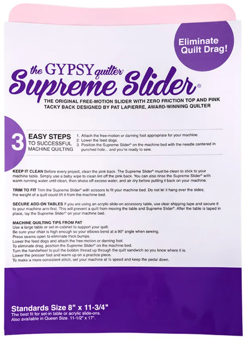 Tools - Supreme Slider 8in x 11-3/4in Free Motion Slider w/Pink Tacky Back by The Gypsy Quilter