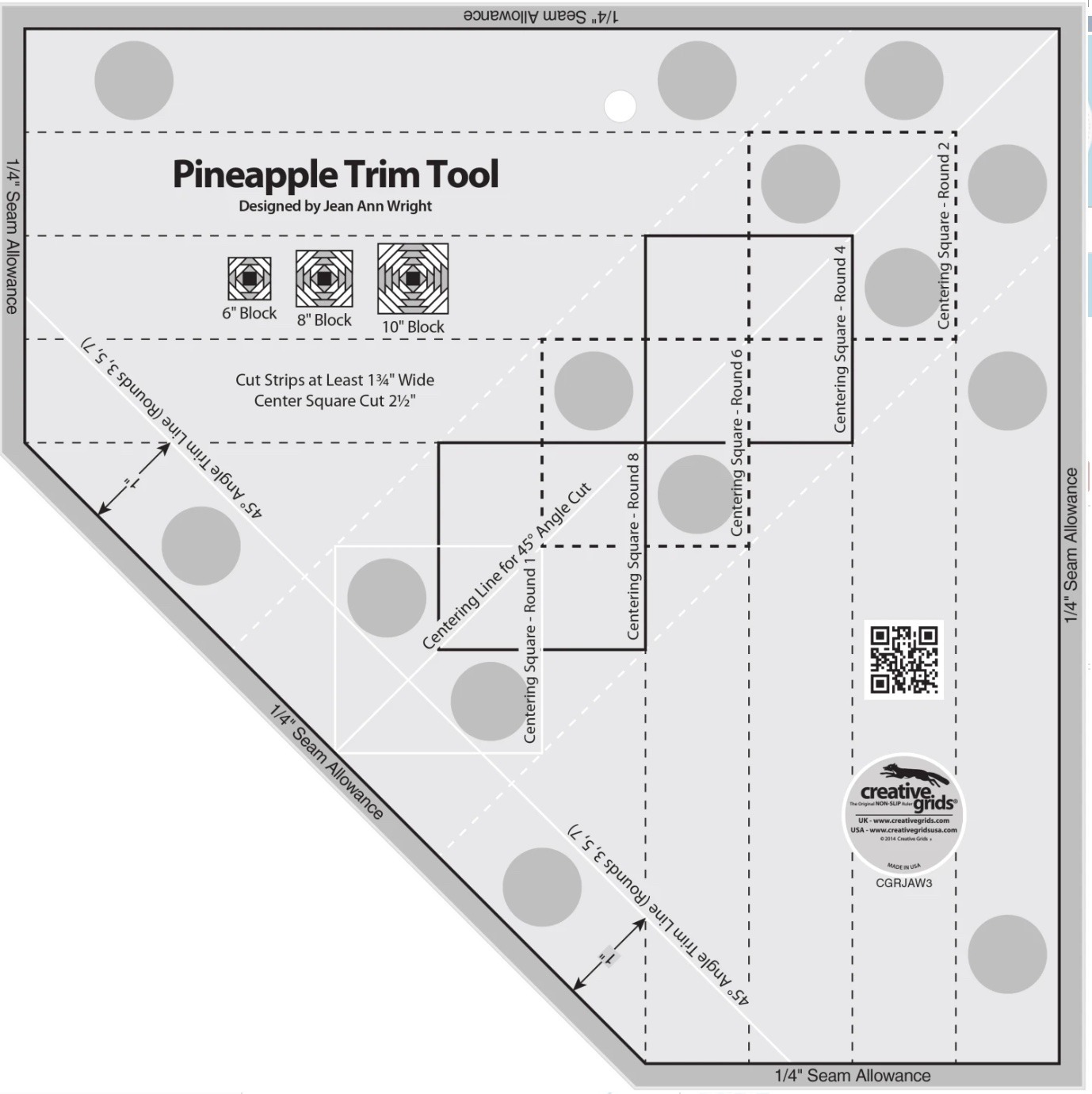 Creative Grids Quilt Ruler Pineapple Trim Tool for 6, 8 or 10in Finished Blocks CGRJAW3