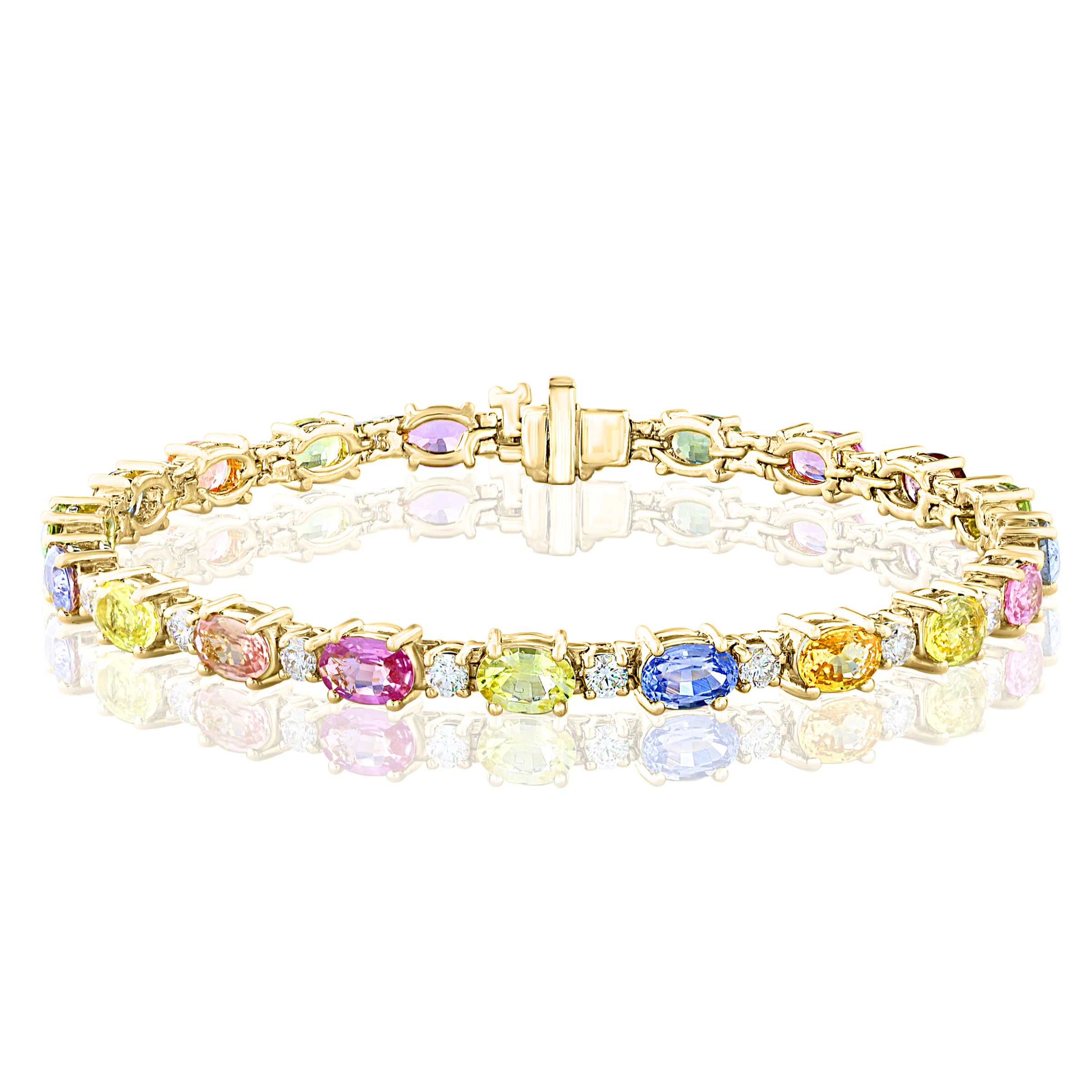 14K Yellow Gold 12.5ctw Multi-Color Sapphire and 1.42ctw Diamond Tennis Bracelet