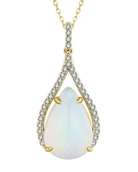 14K Yellow Gold 4.3ct Pear Shaped Opal and .25ctw Diamond Halo Pendant on 18 Cable Chain