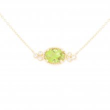 14K Yellow Gold Oval Peridot 1.48ct and Diamond 0.04ct East-West Necklace