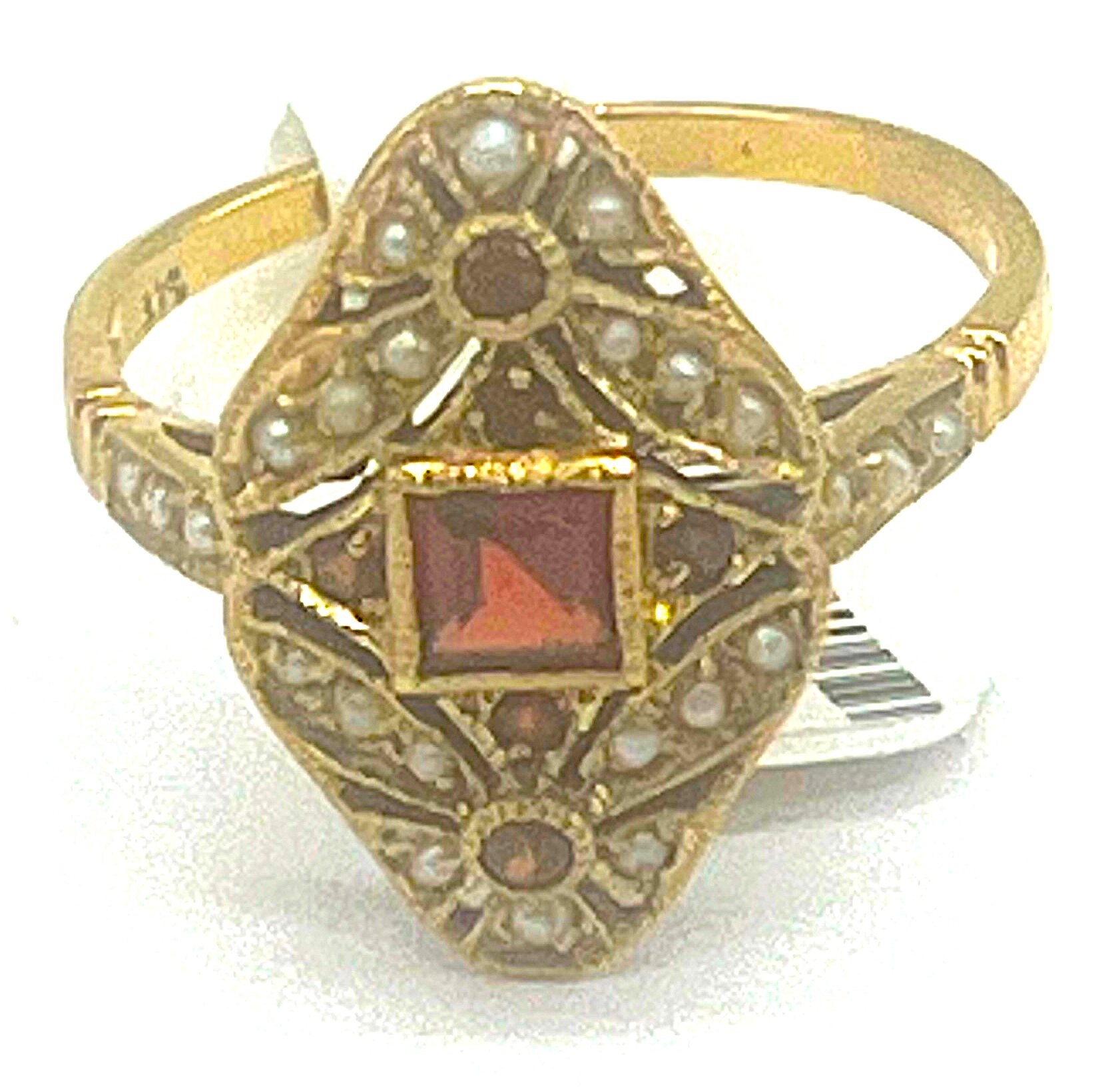 14K Yellow Gold Vintage Garnet and Seed Pearl Ring