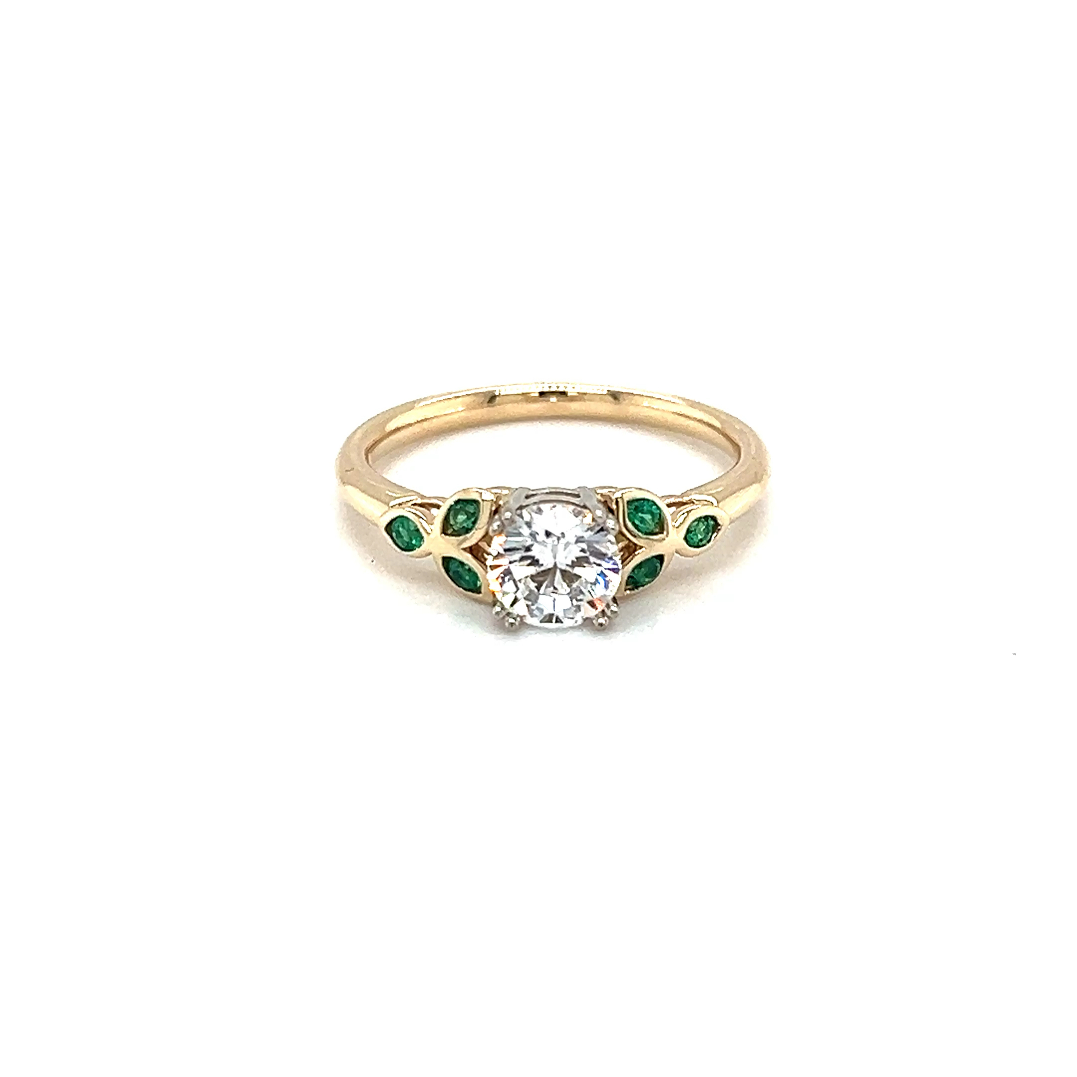 14K Yellow and White Gold Celtic Lab Diamond and Natural Emerald Engagement Ring D-1.00ct E-0.24ct