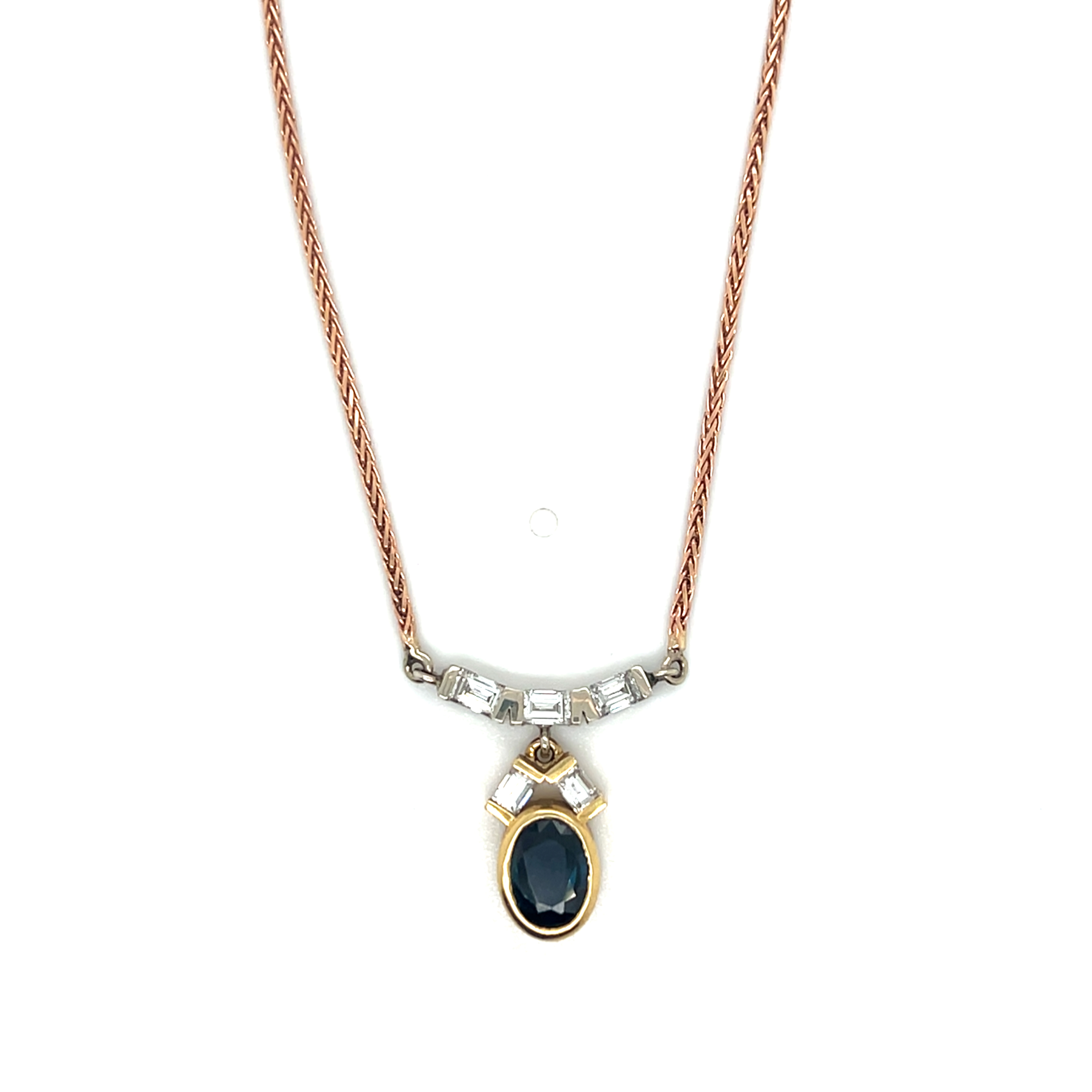 14k Tri-Gold Baguette and Blue Sapphire Necklace S-0.80ct D-0.47ct VS F-G