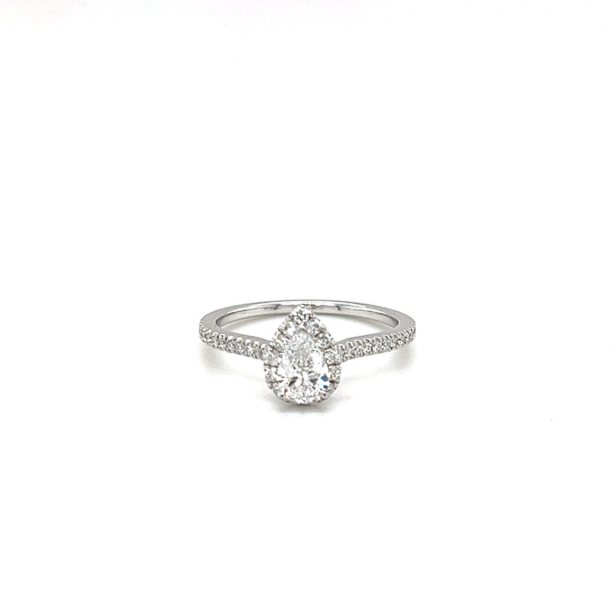 14k White Gold French Pave Pear Shape Halo Diamond Engagement Ring Cen -0.44ct SI2 G Side-0.27ct SI1 G-H