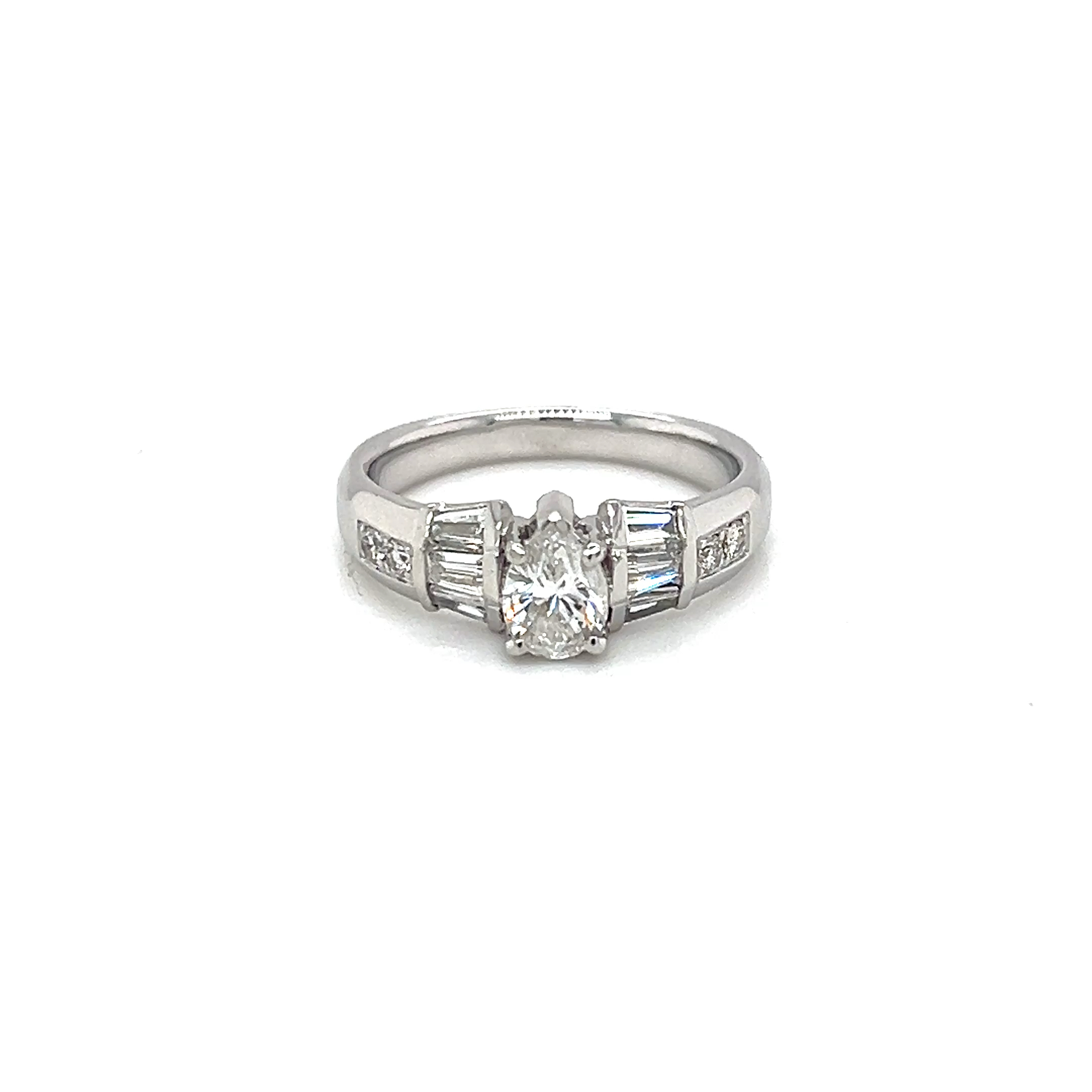 14k White Gold Pear Shape Natural Diamond Engagement Ring with side Baguettes PS - 0.50ct  I1 G Bag- 0.33ct VS F-G