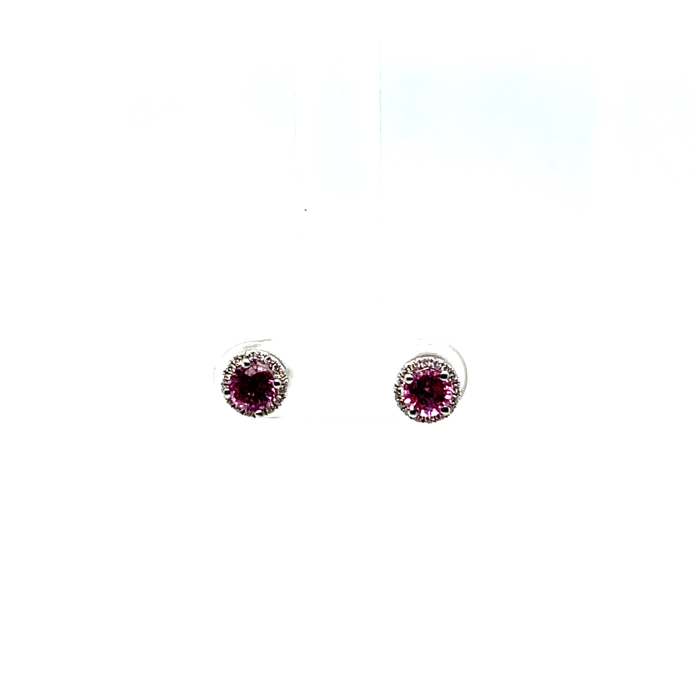 14k White Gold Pink Sapphire and Diamond Halo Stud Earrings PS-1.00ct D- 0.15ct VS F-G