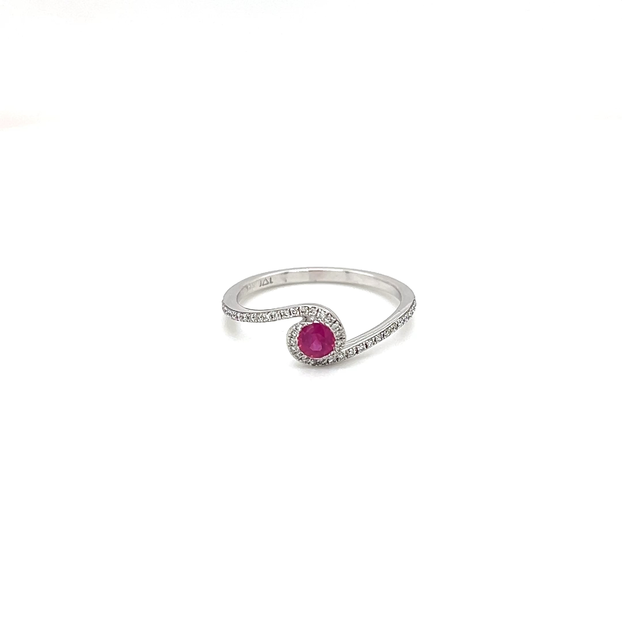 14k White Gold Ruby and Diamond Bypass Bezel set Ring R-0.25ct D-0.15