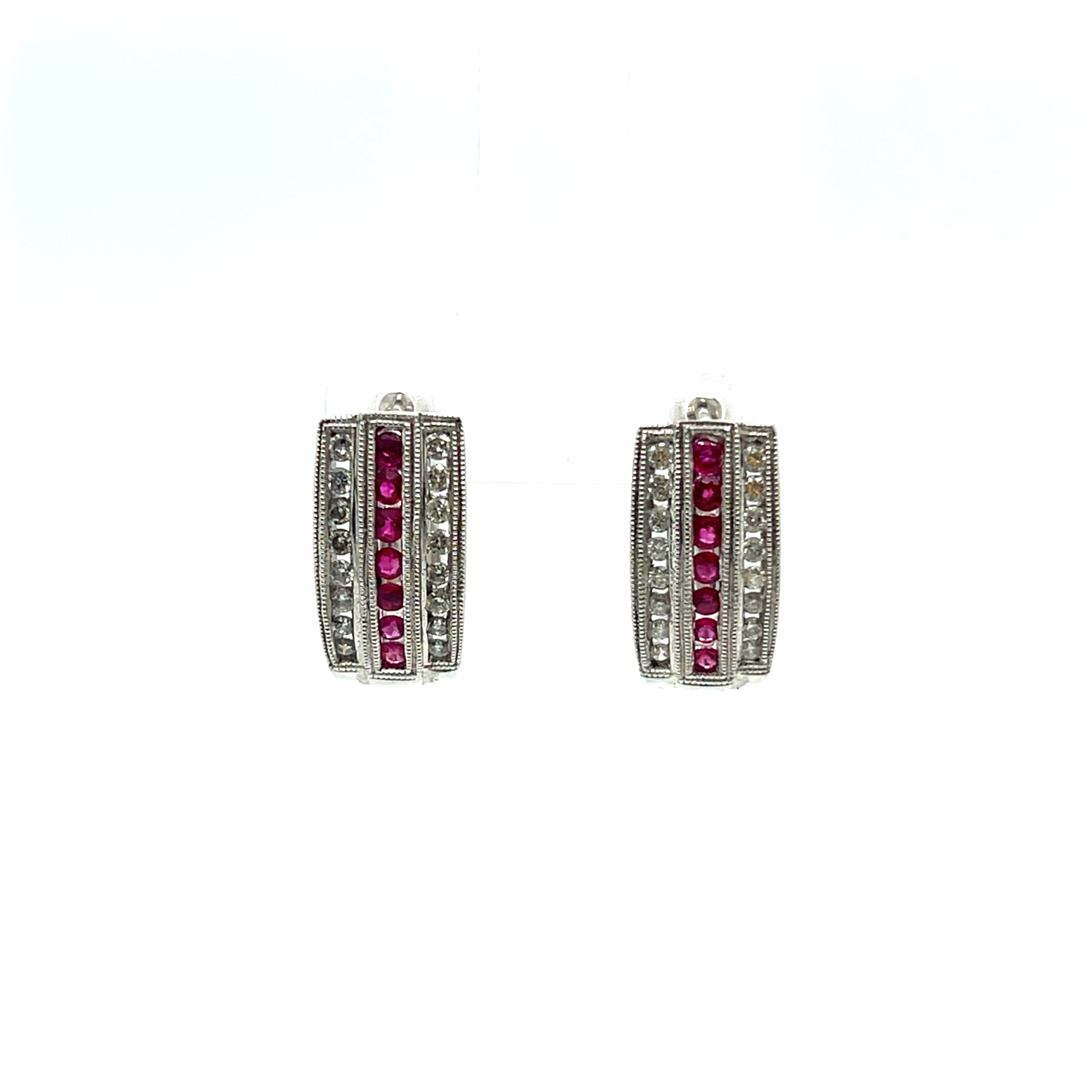 14k White Gold Ruby and Diamond Hoop Earrings R-0.52ct D-0.40ct SI G-H
