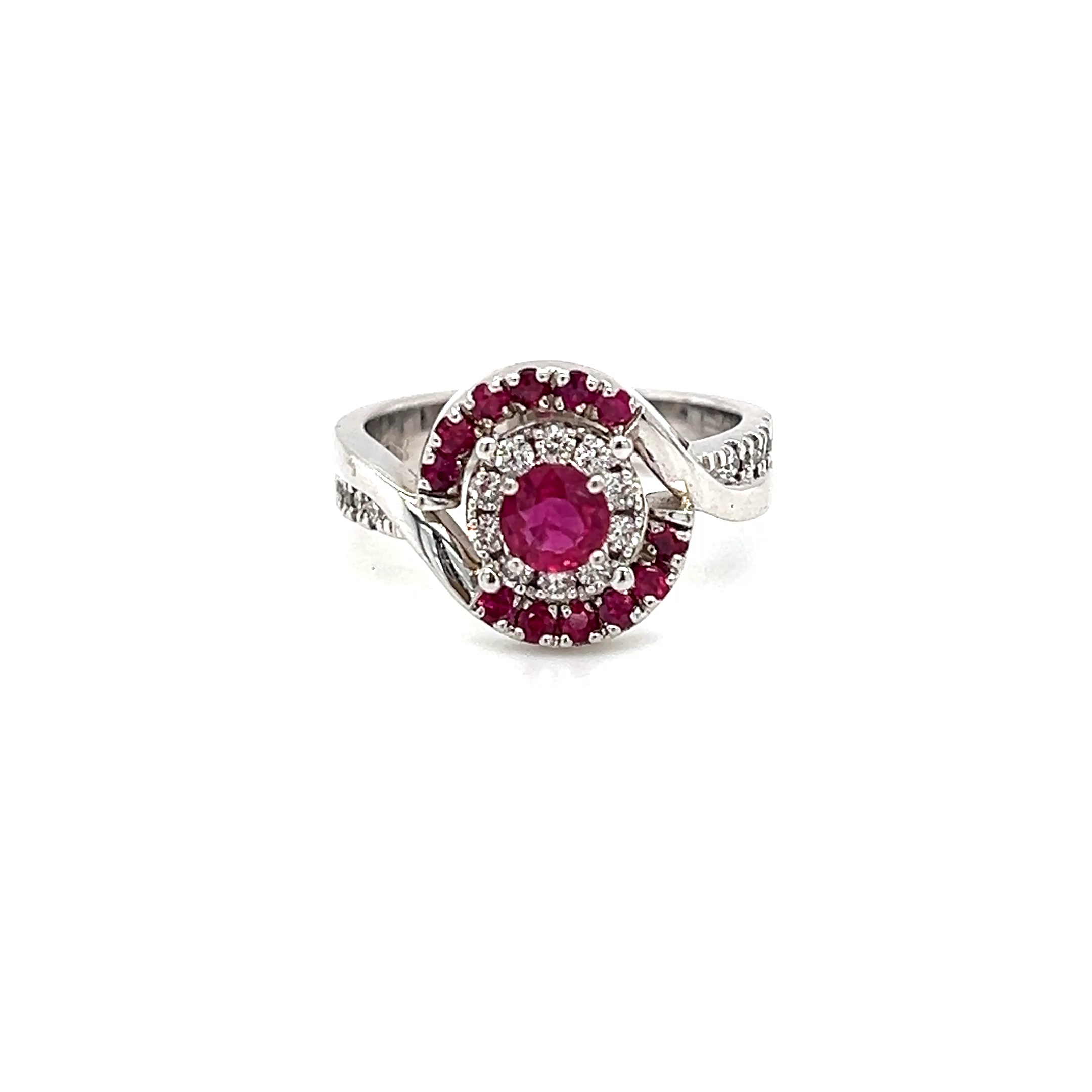 14k White Gold Ruby and Natural Diamond Halo Ring R-0.71ct D-0.35ct 