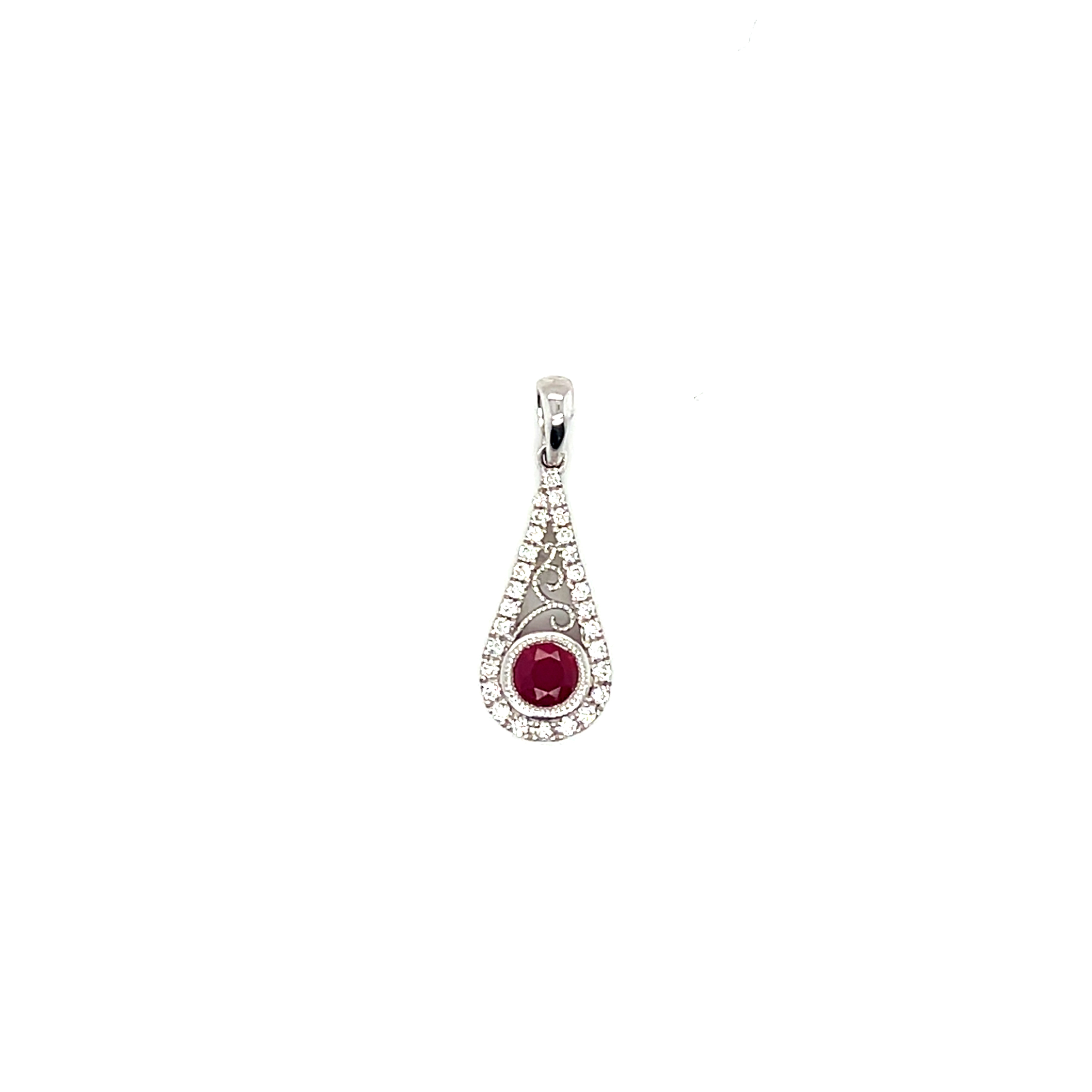 14k White Gold Tear Drop Ruby and Natural Diamond Pendant R-0.30ct D-0.12ct SI G-H