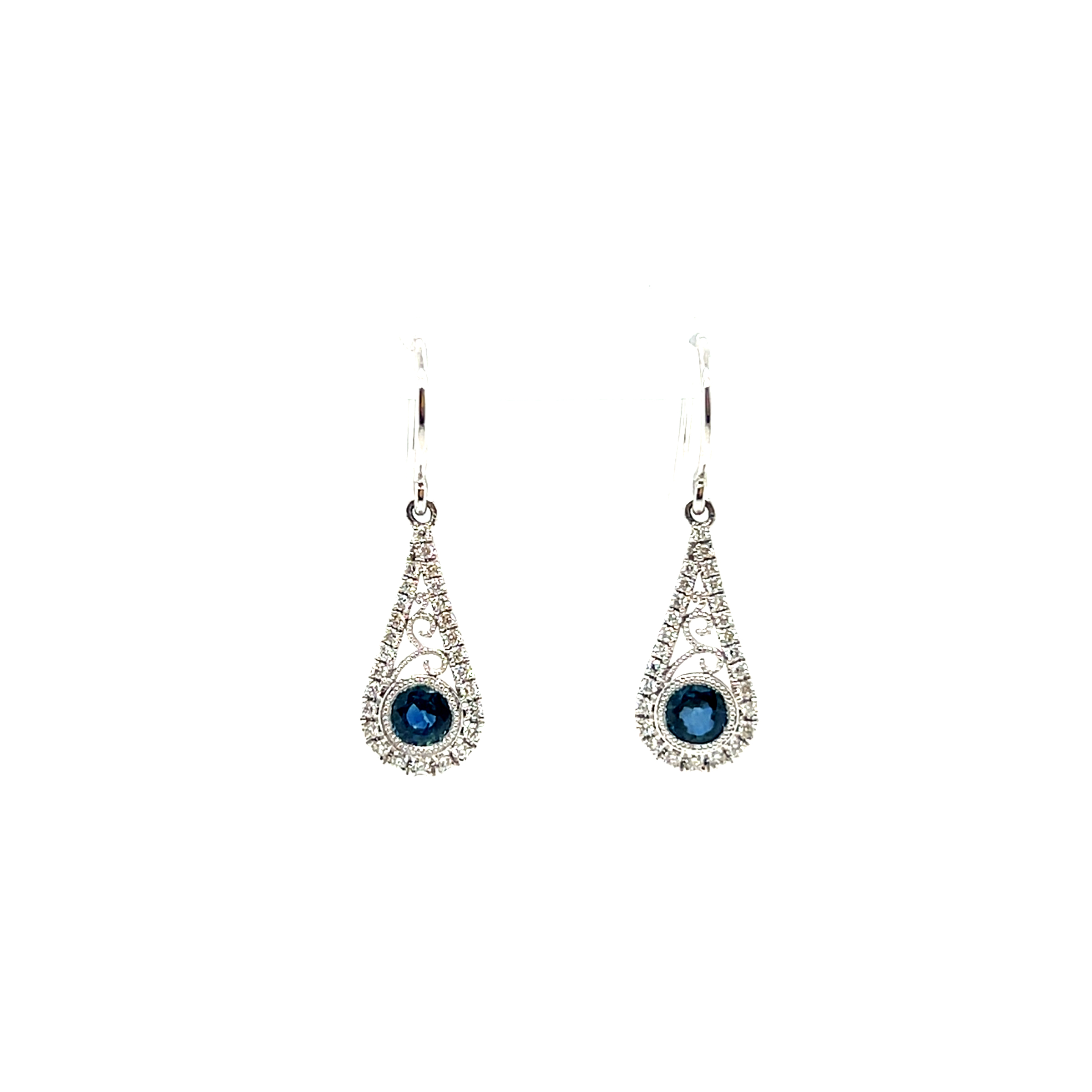 14k White Gold Tear Drop Sapphire and Natural Diamond Dangle Earrings S-0.60ct D-0.24ct Si G-H