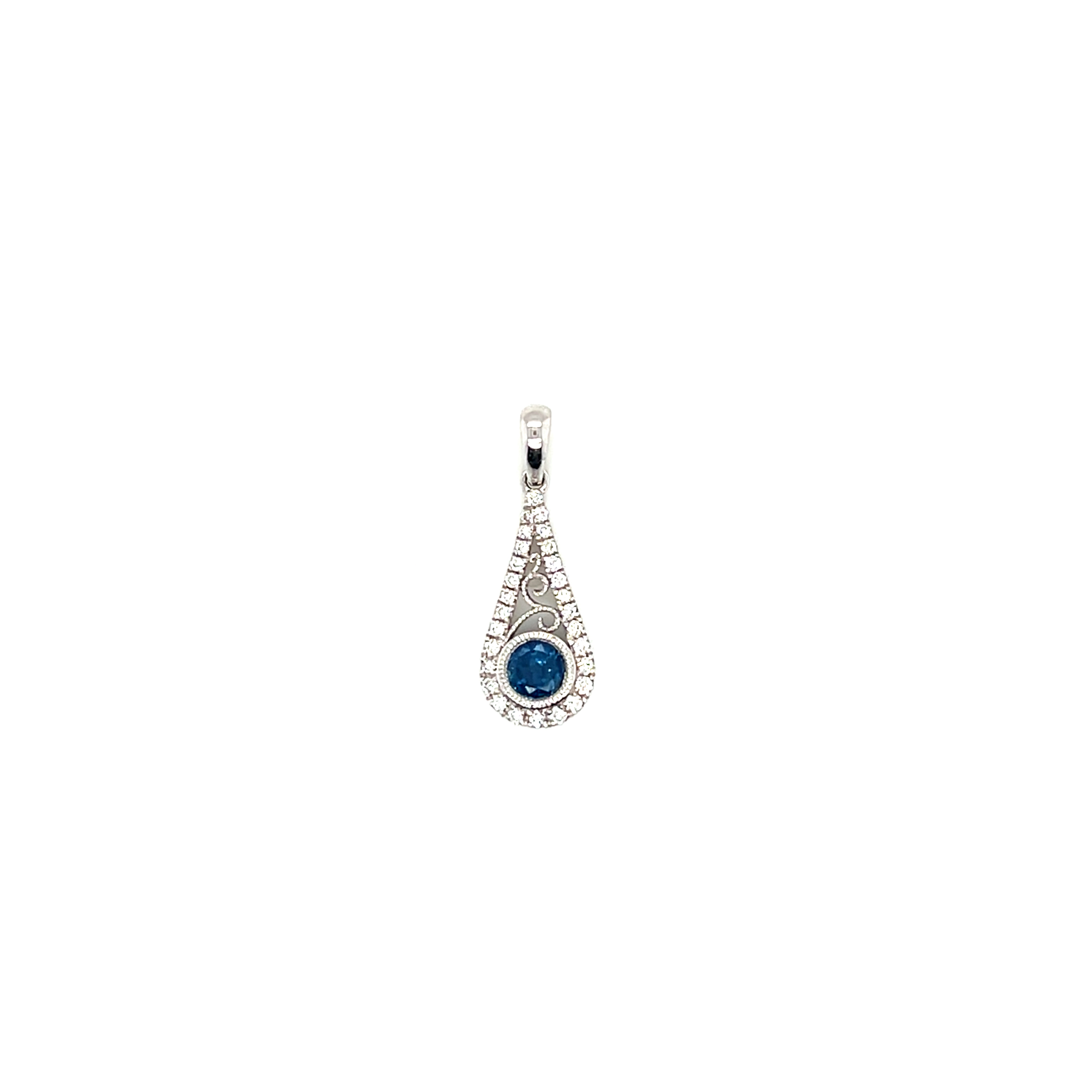 14k White Gold Tear Drop Sapphire and Natural Diamond Pendant S-0.30ct D-0.12ct Si G-H