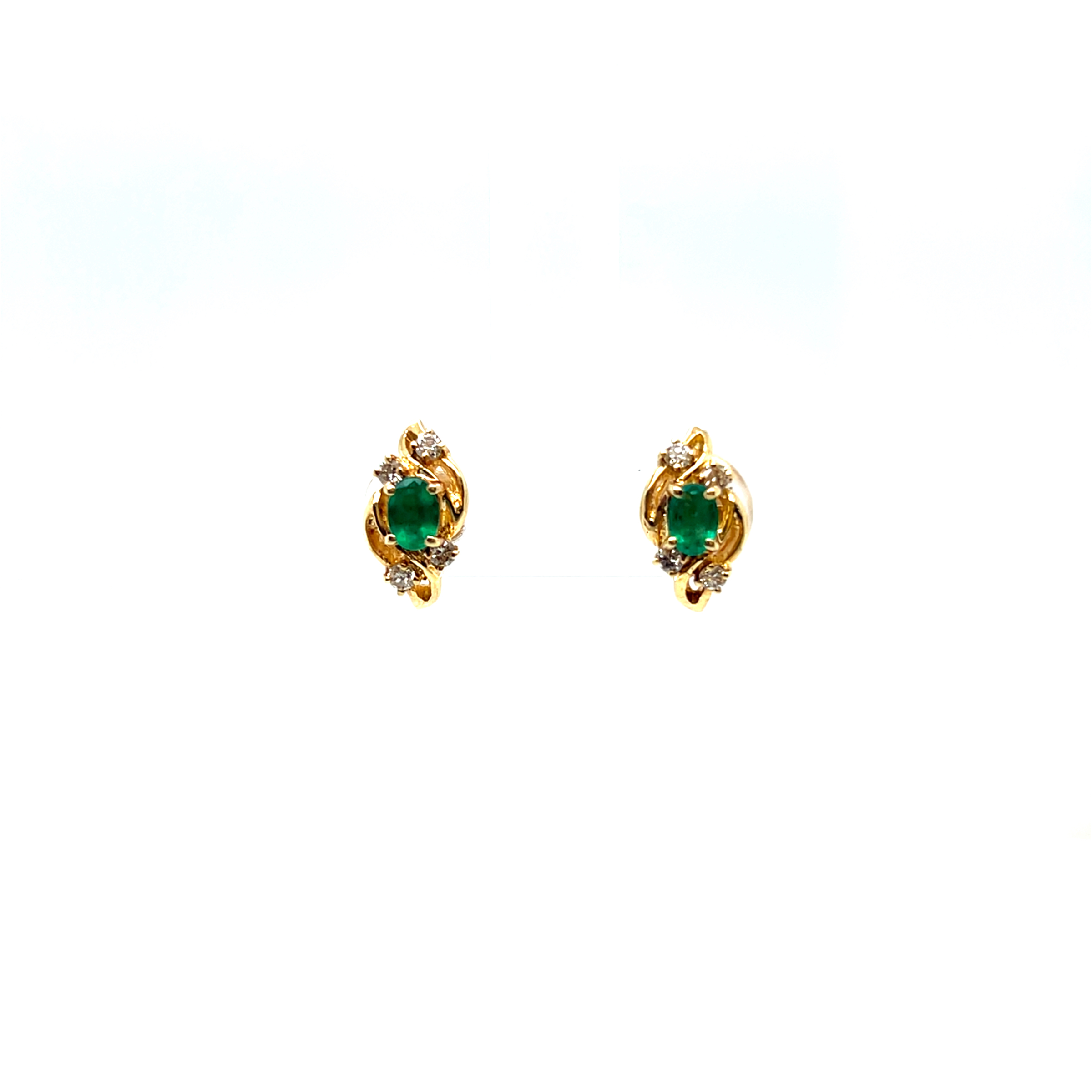 14k Yellow Gold Emerald and Diamond Stud Earrings E-0.30ct D-0.12ct SI G-H