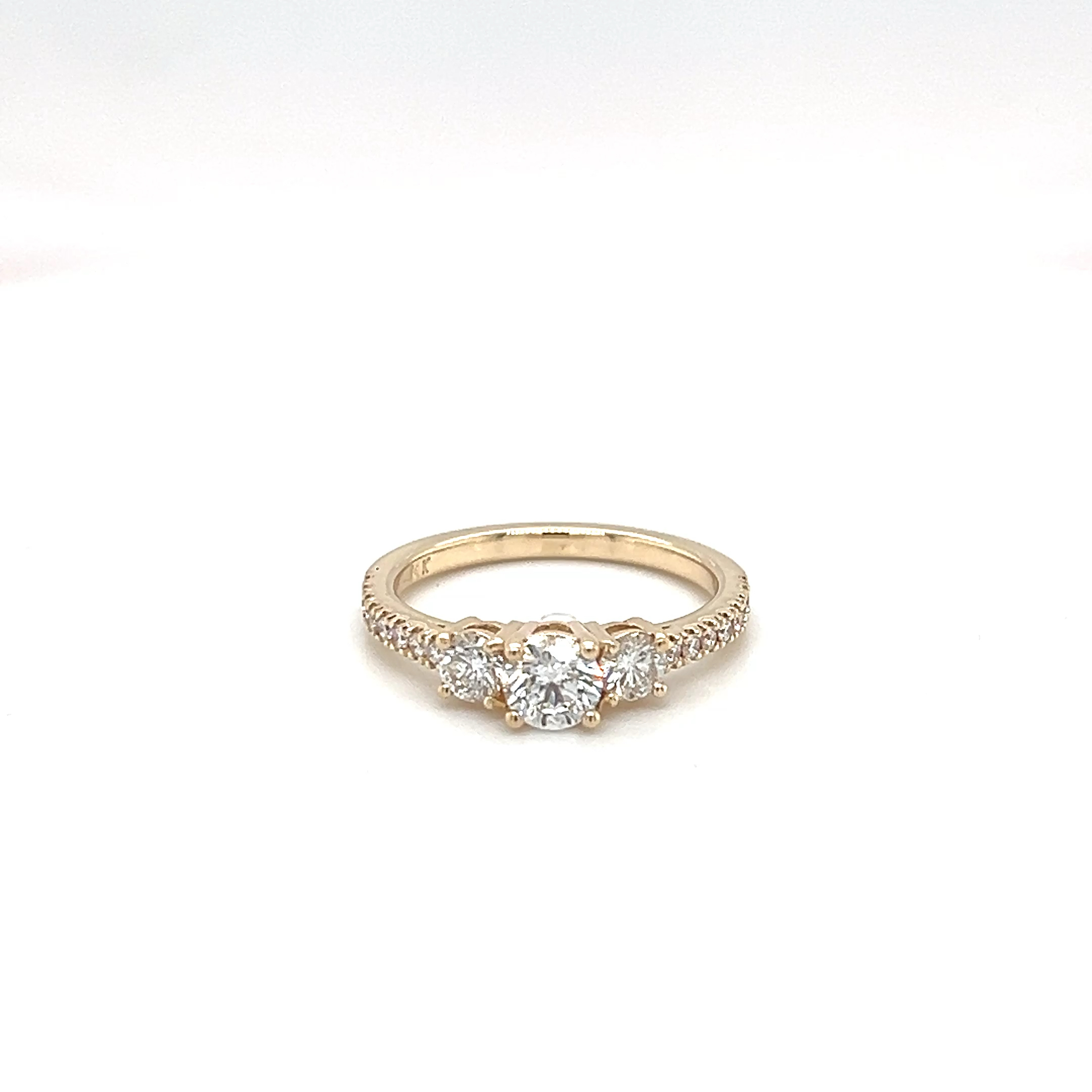 14k Yellow Gold Three Stone Natural Round Diamond Ring with Pave Set Diamond Shank CD- 0.50ct SD- 0.40ct SS- 0.16ct 