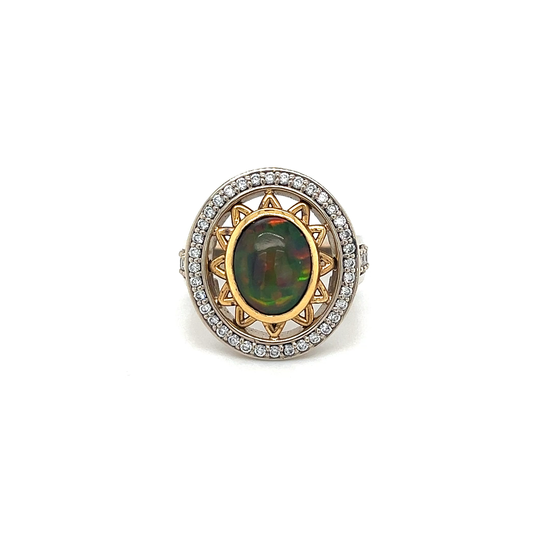 14k Yellow and White Gold Black Ethiopian Opal and Natural Diamond Halo Ring D-0.55ct VS F-G O-2.00ct