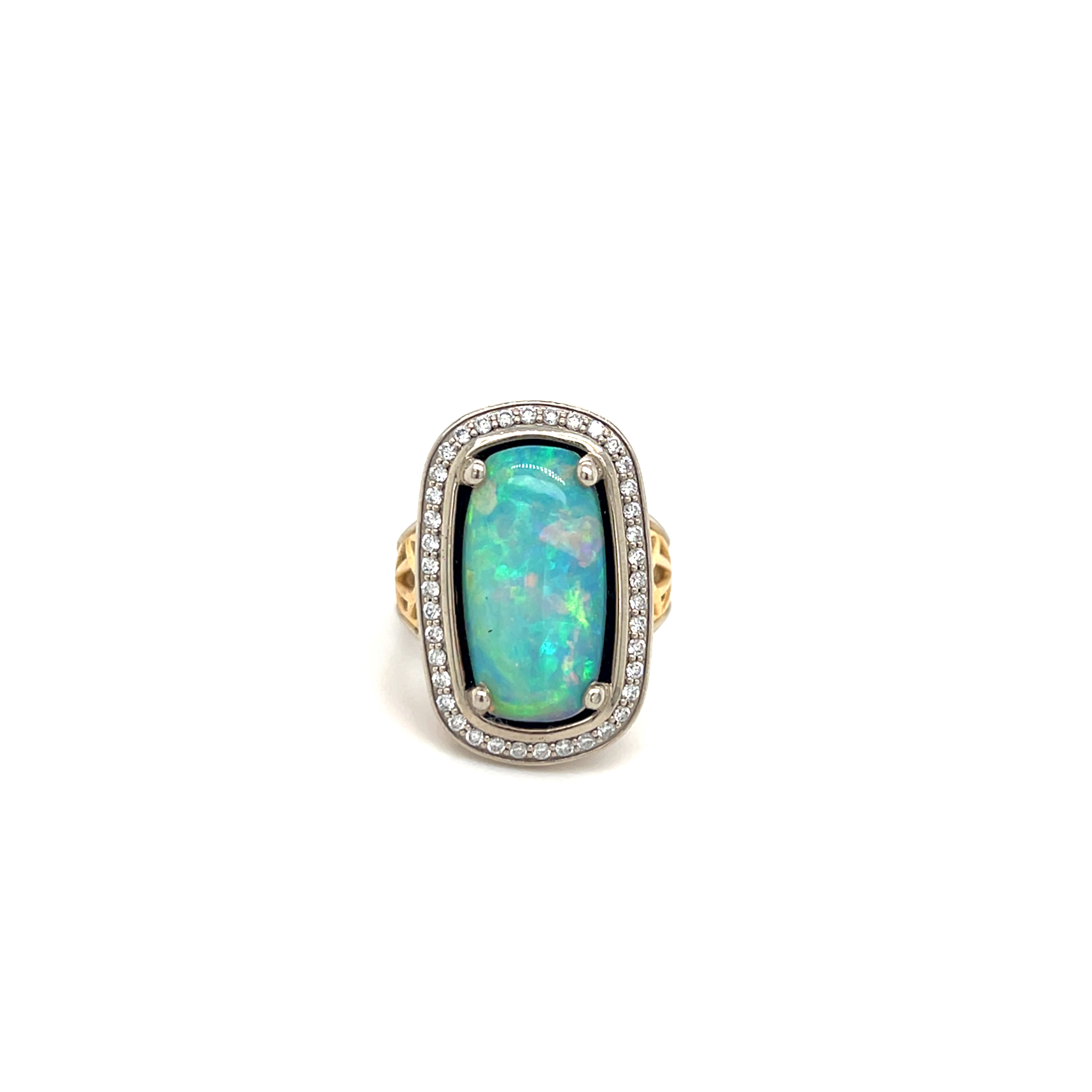 14k Yellow and White Gold Ethopian Opal and Natural Diamond Halo Ring D-0.52ct