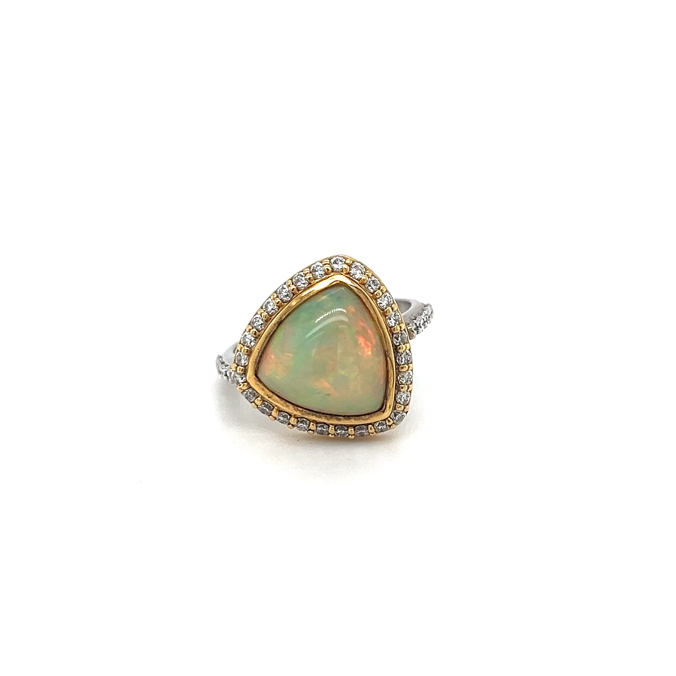 14k Yellow and White Gold Trillion Cut Ethiopian Opal and Diamond Halo Ring O-1.83ct D-0.53ct VS F-G