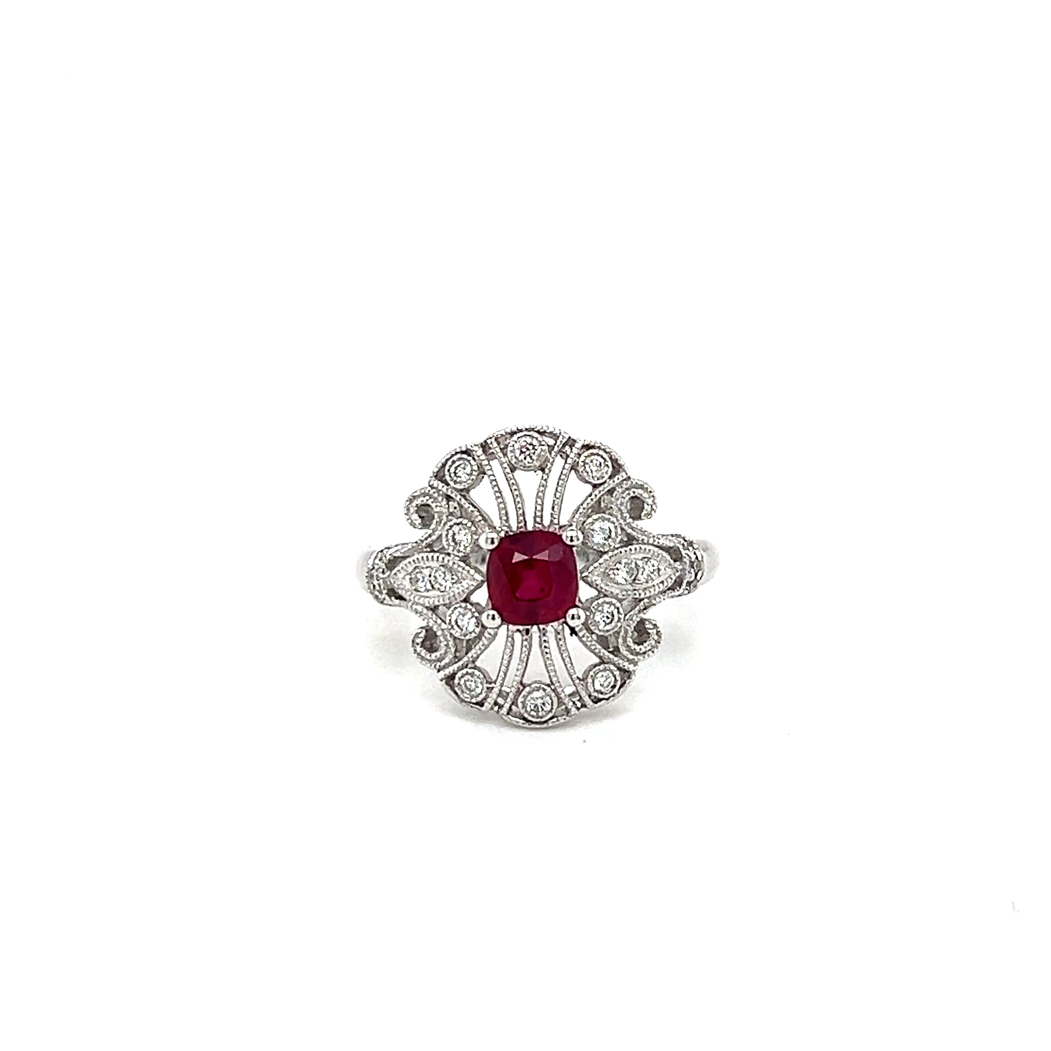 18k White Gold Antique Cushion Ruby and Natural Diamond Ring R-0.66ct D-0.19ct VS F-G