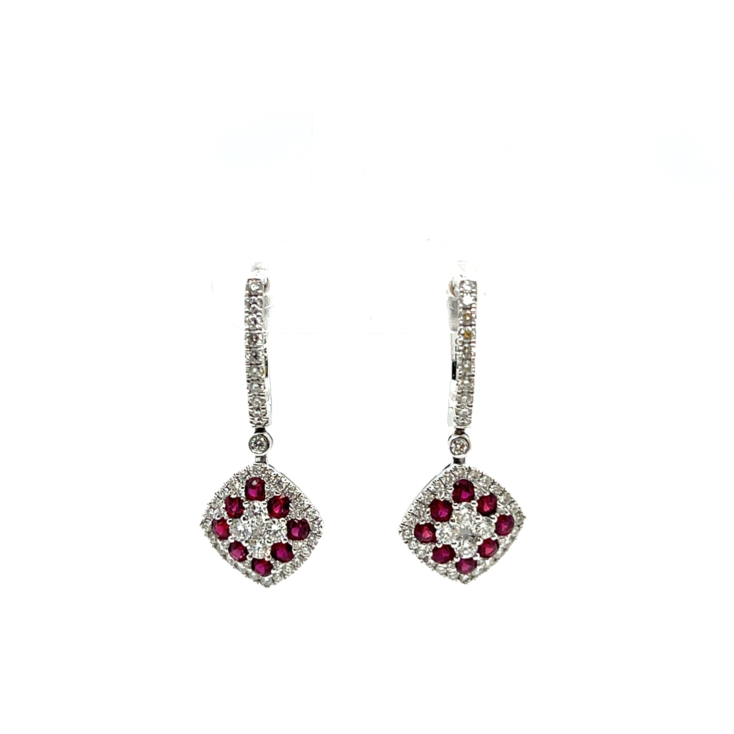 18k White Gold French Clip Natural Diamond and Ruby Dangle Earrings R- 0.70ct D-0.81ct VS F-G 