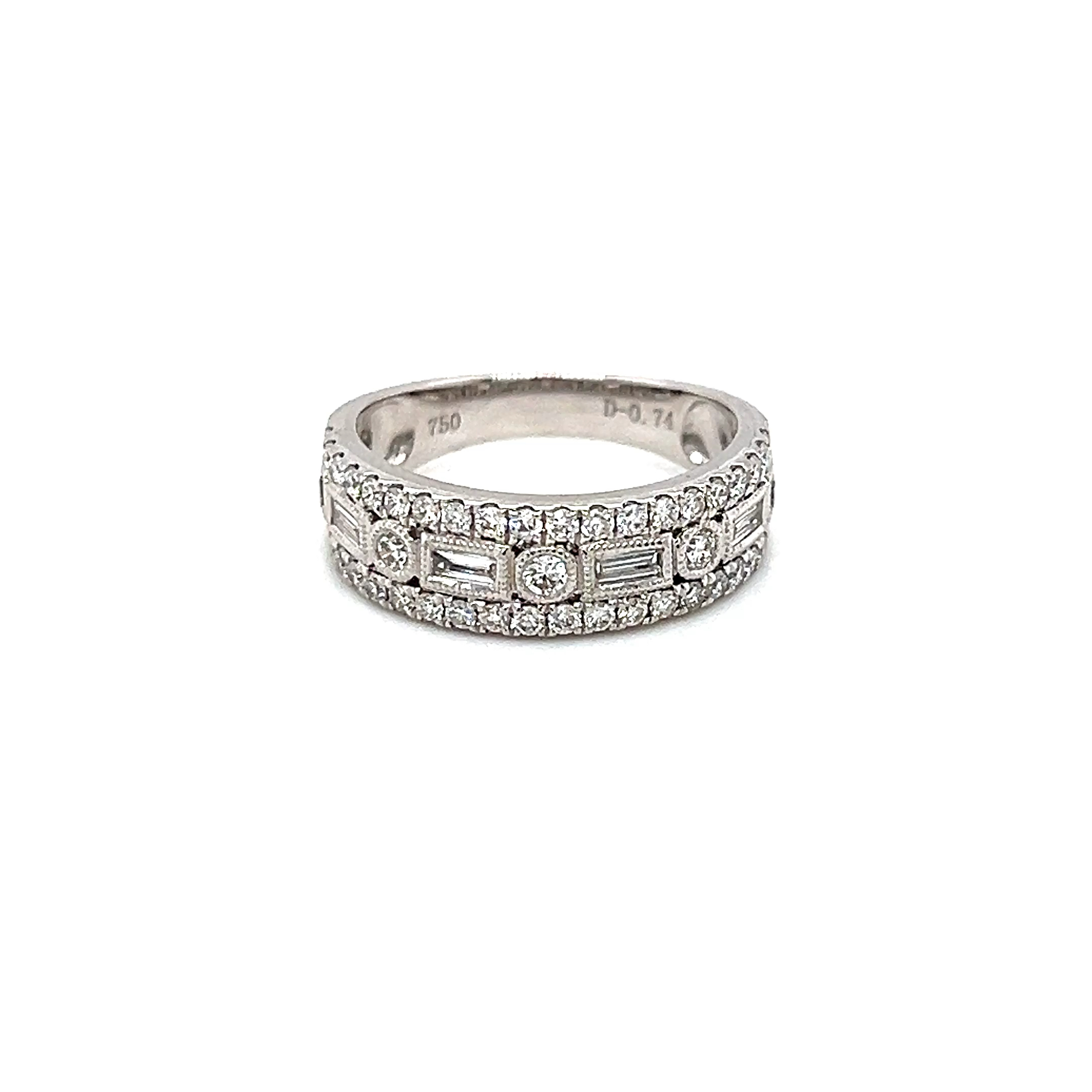 18k White Gold Pave and Bezel Set Natural Diamond Band Ring RD- 0.61ct VS F-G BD-0.12ct VS F-G