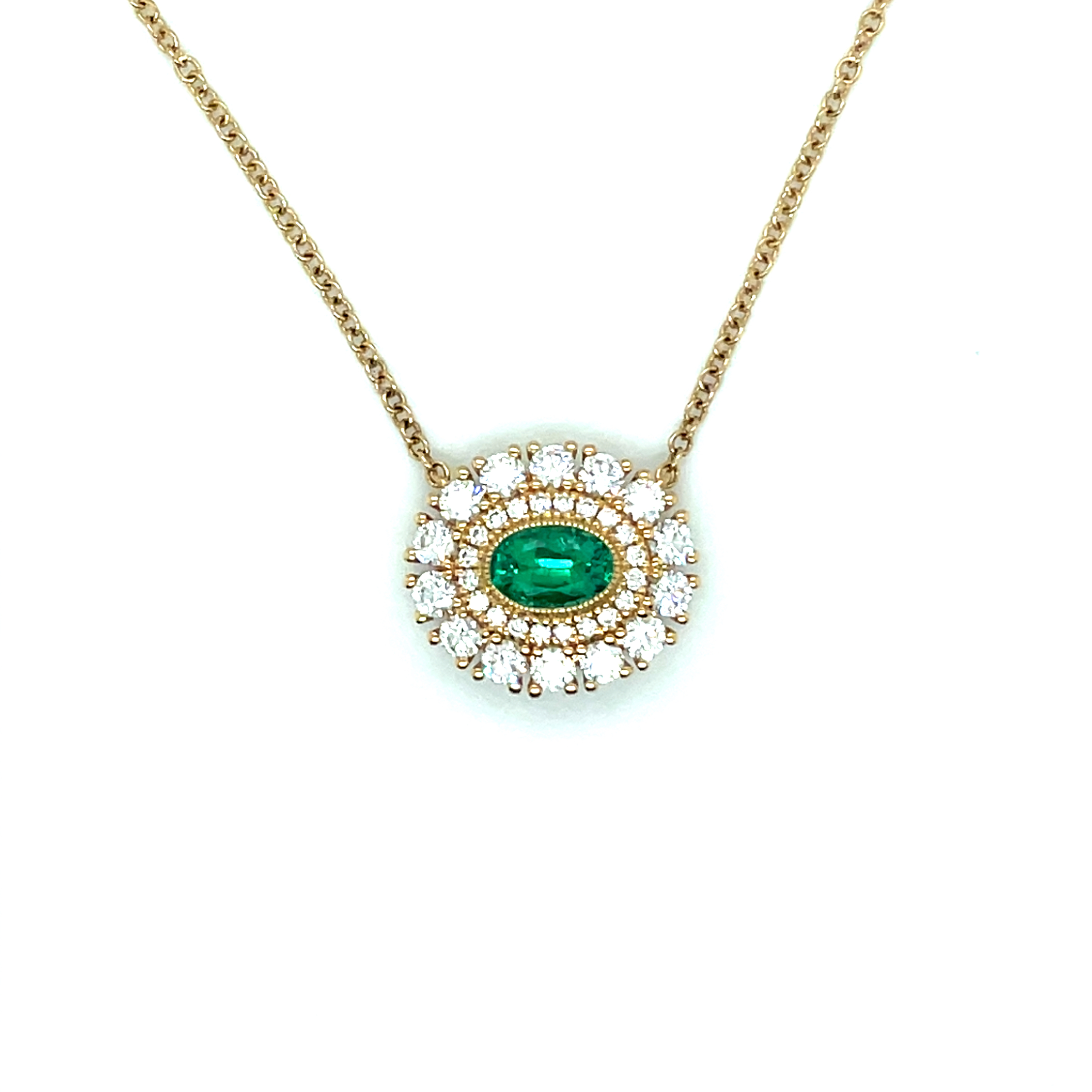 18k Yellow Gold Oval Emerald Double Halo Diamond Pendant with 18k Yellow Rolo Chain 18 E-0.45ct D-0.76ct