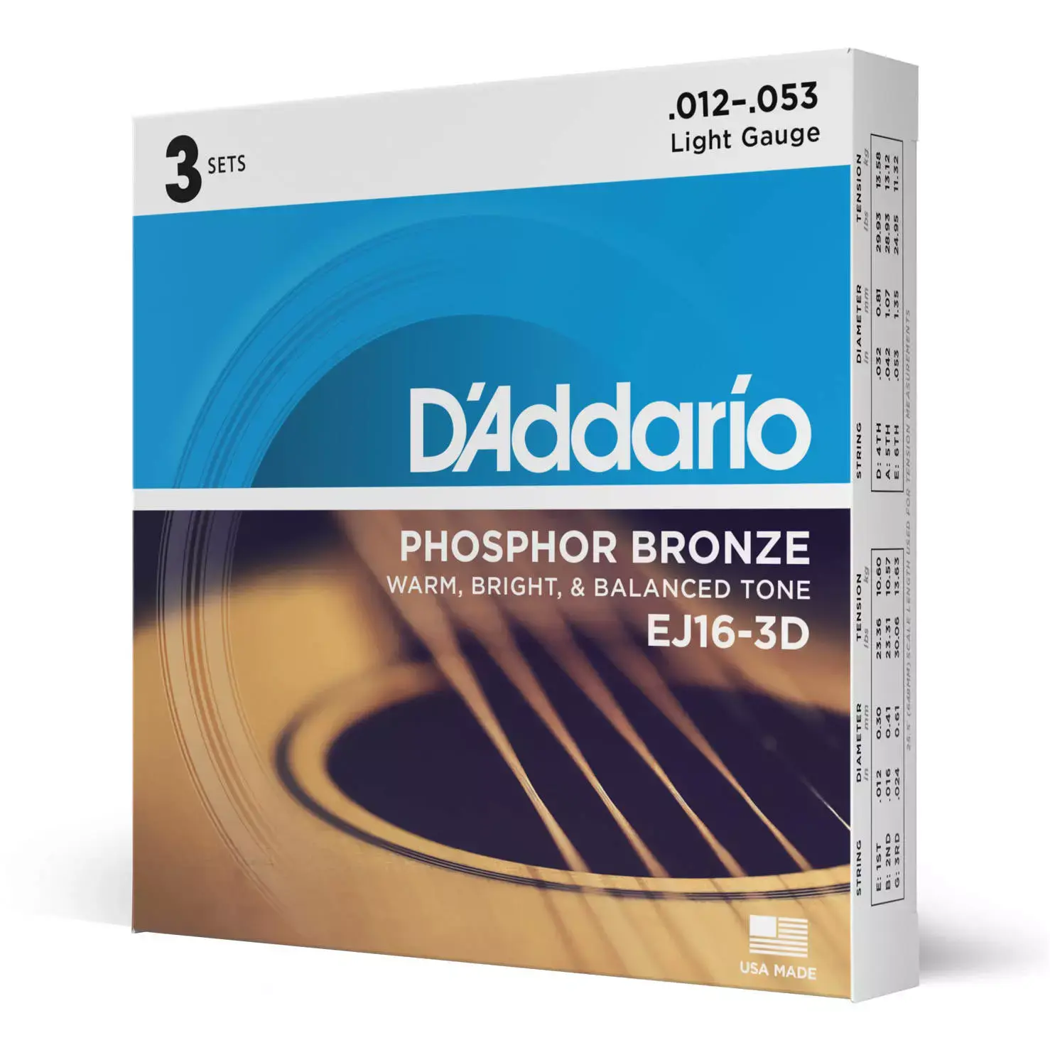 D'Addario EJ16-3D Phosphor Bronze Acoustic Guitar Strings, Light, 12-53 