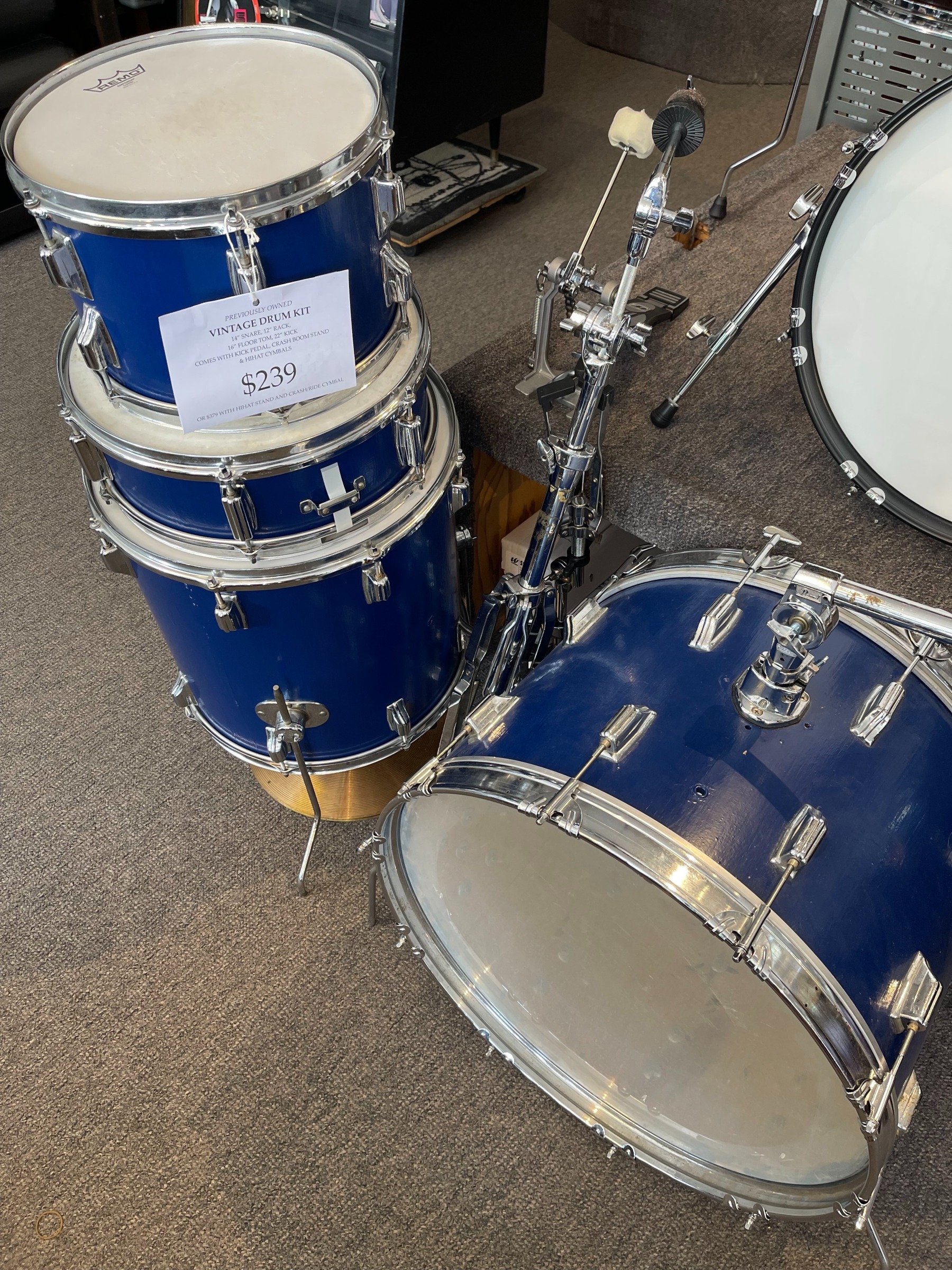 Vintage Blue Drum Kit w/ Kick Pedal, Hi-Hat Cymbals & Ride Stand - Pre Owned