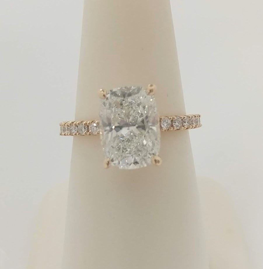 14KY Hidden Halo Engagement Ring with 3.0ct Elongated Cushion Cut LG Diamond & .50ctw Accent LG Diamonds