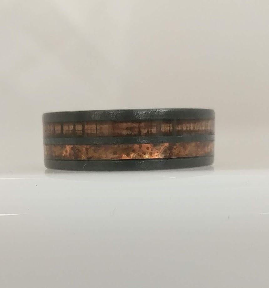 8mm Black Diamond Ceramic Ring with Copper and Hickory Inlays  Size 10.5