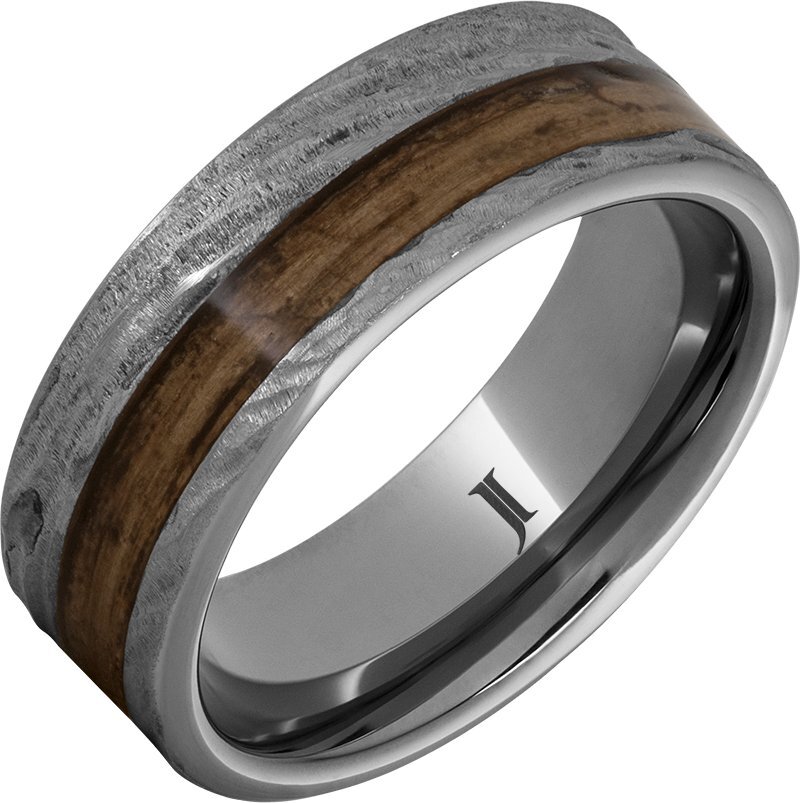 8mm Tungsten Ring with Bourbon Barrel Inlay and Bark Finish  Size 8