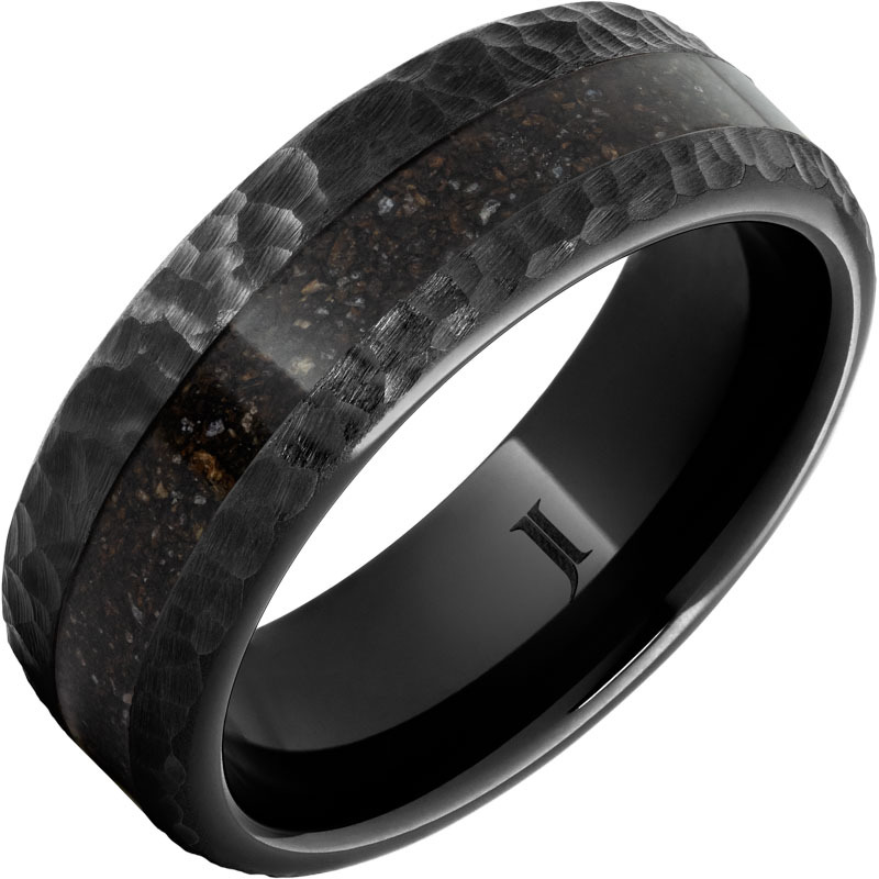 Black Diamond Ceramic 8mm Ring with Dinosaur Bone Fossil Inlay and Hand Carved Moon Crater Edges  Size 9